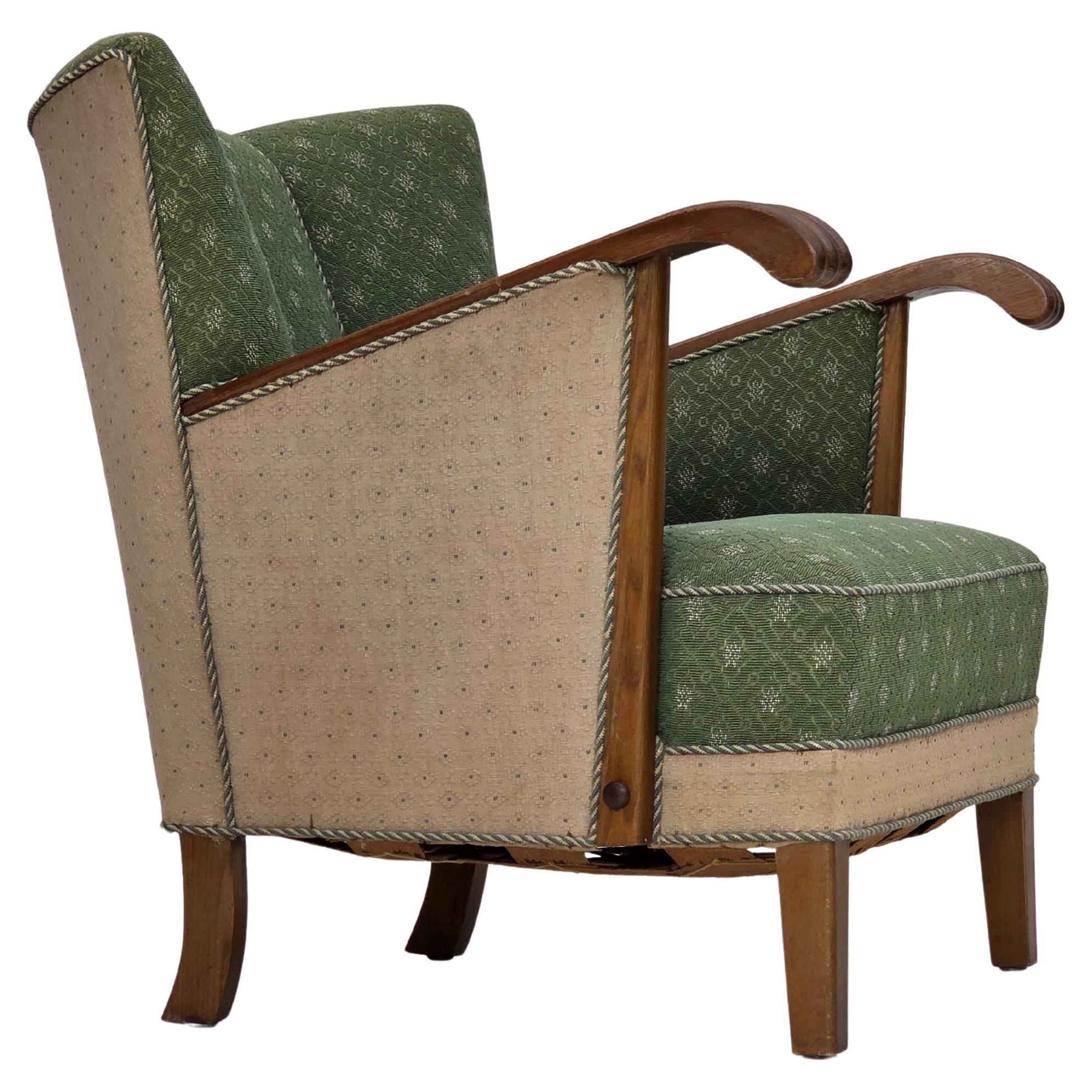 1950s, Danish armchair, original green/beige furniture wool fabric, oak wood.