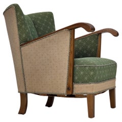 1950s, Danish armchair, original green/beige furniture wool fabric, oak wood.