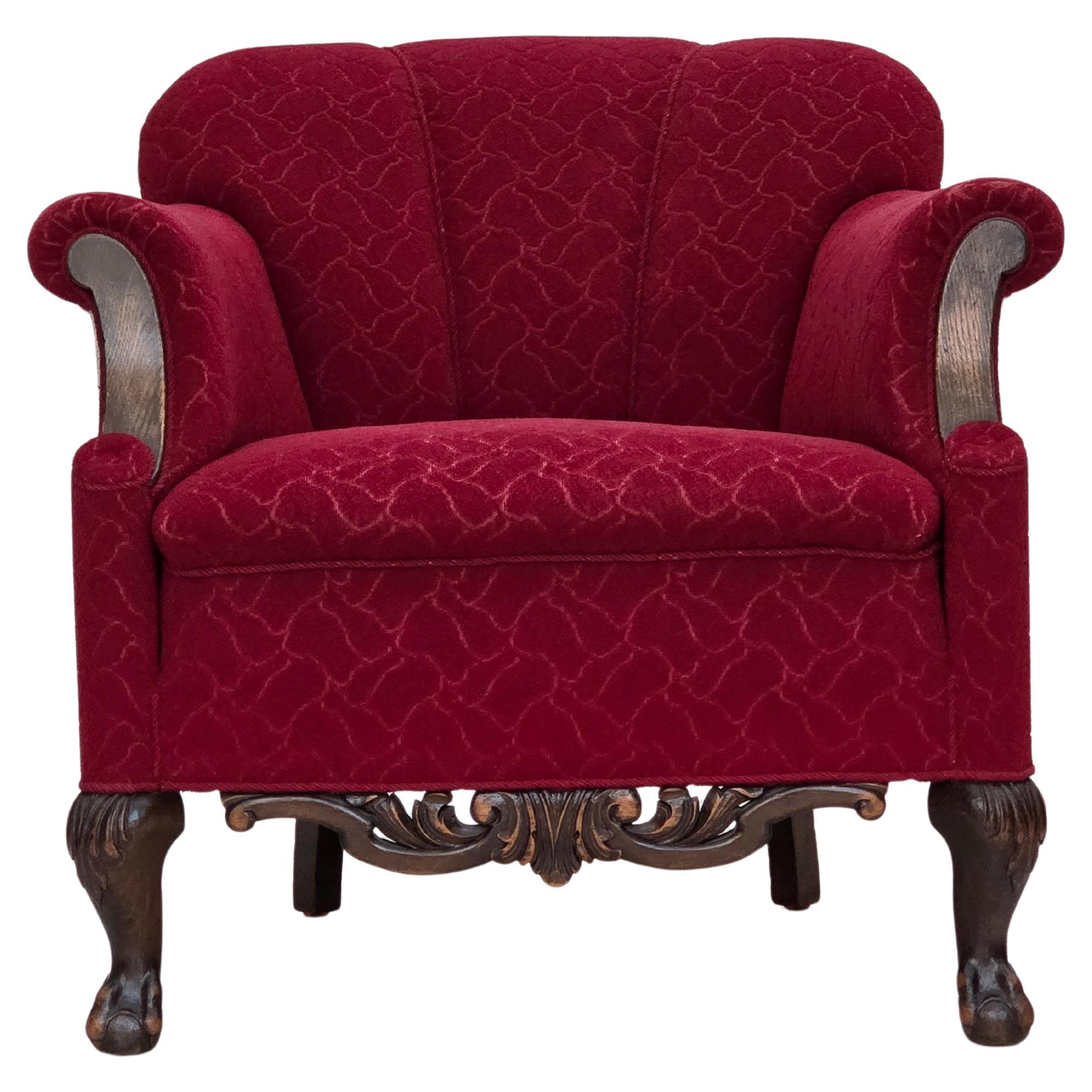 1950s, Danish armchair, red and light grey furniture wool, carved oak wood. For Sale