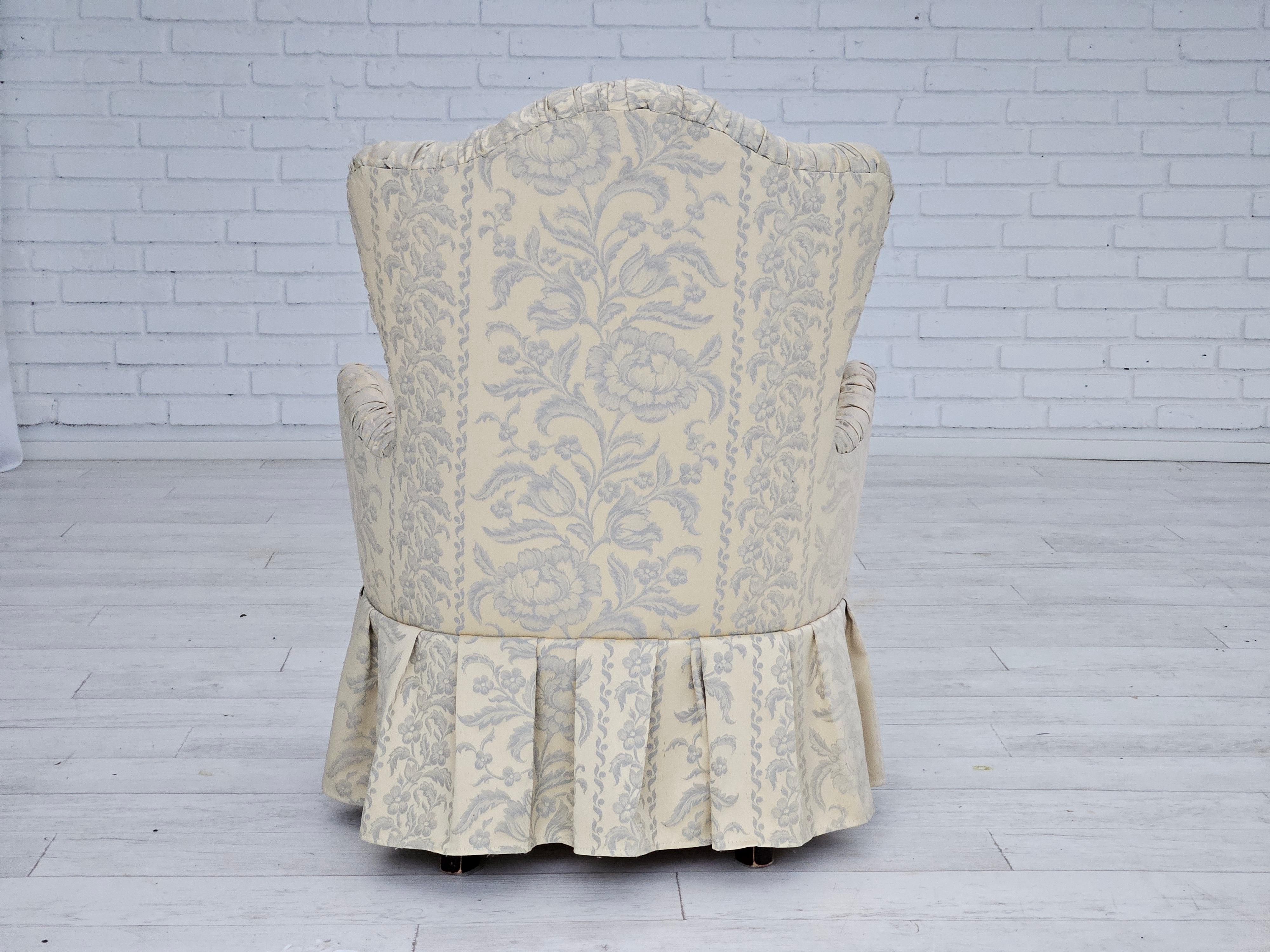 1950s, Danish armchair, reupholstered, creamy/white floral fabric. For Sale 4