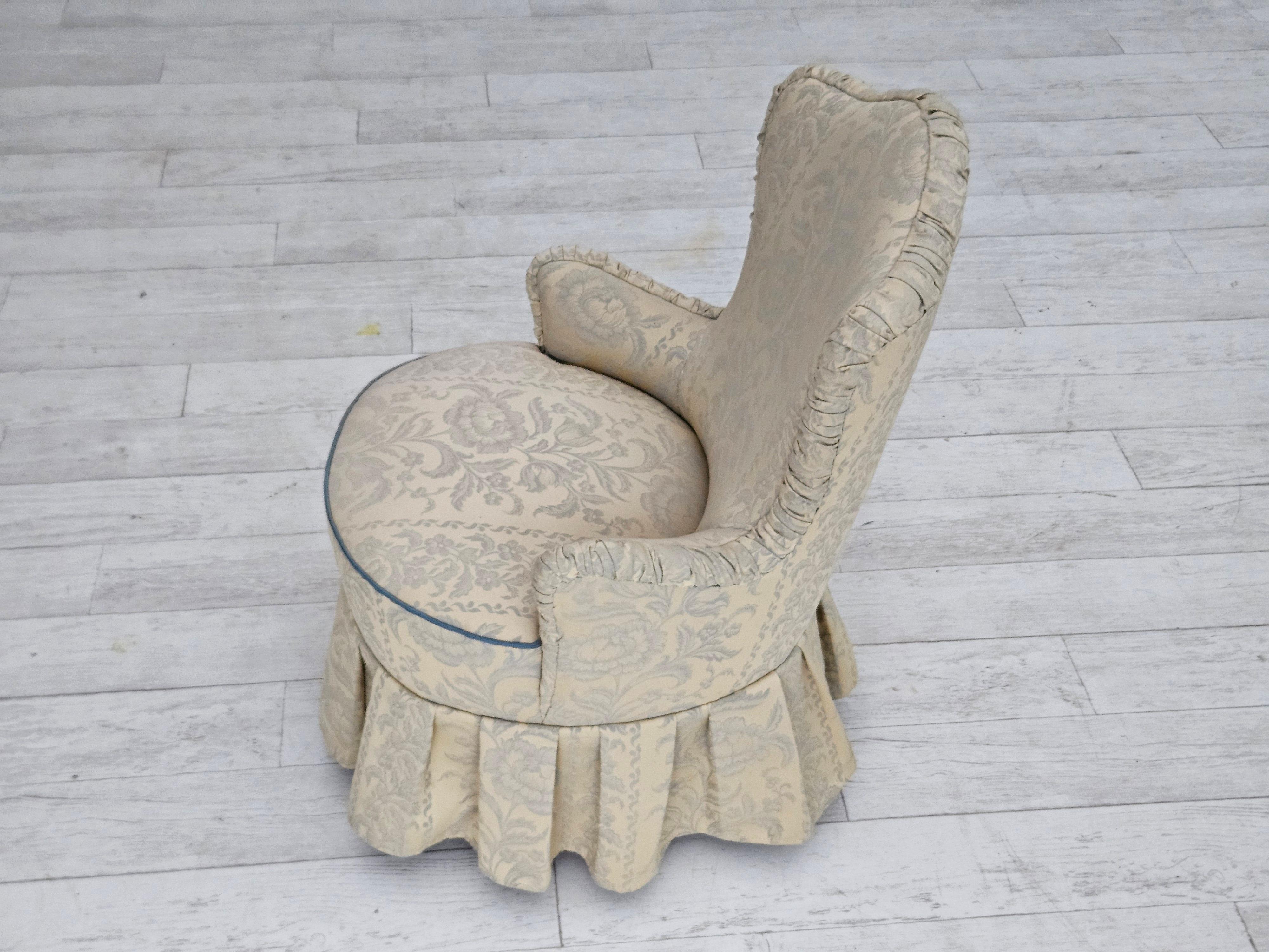 1950s, Danish armchair, reupholstered, creamy/white floral fabric. For Sale 7