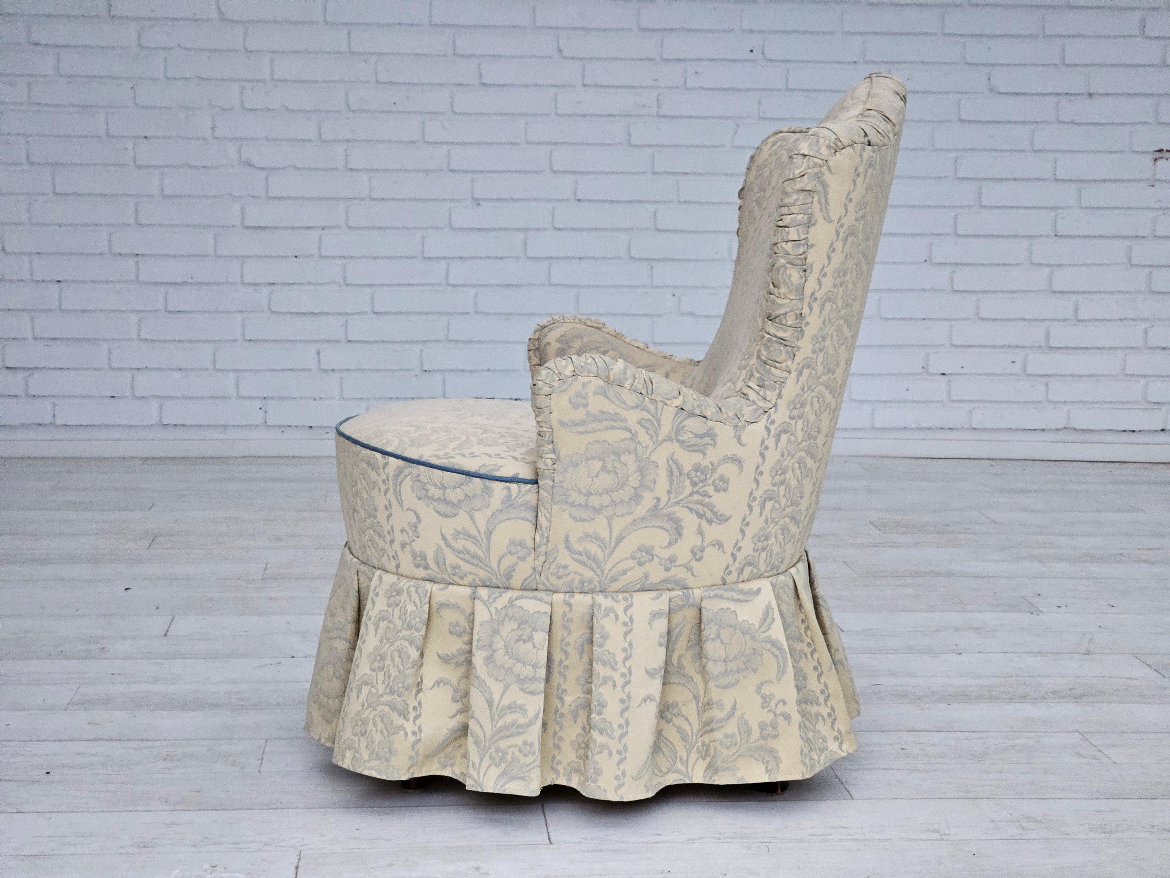 1950s, Danish armchair, reupholstered, creamy/white floral fabric. For Sale 8