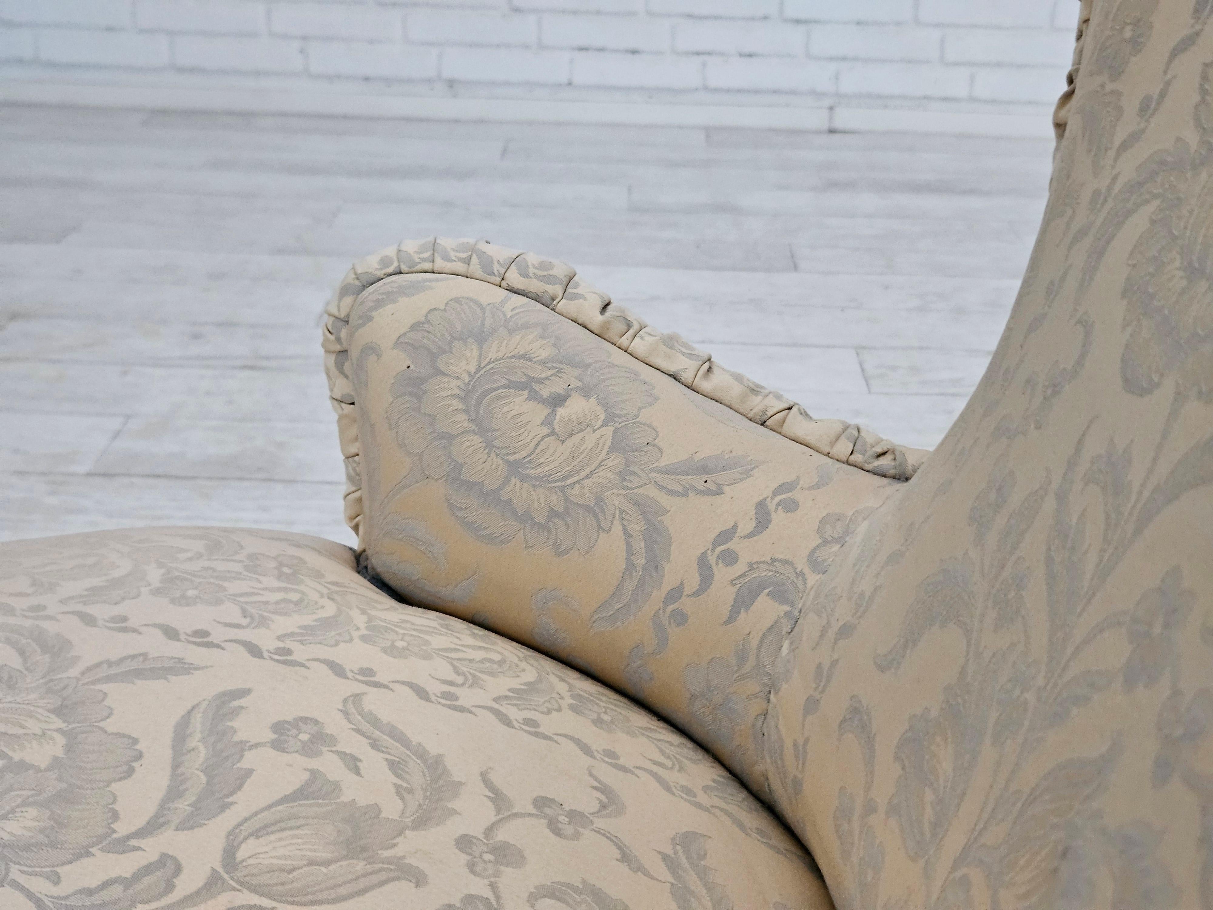 1950s, Danish armchair, reupholstered, creamy/white floral fabric. For Sale 9