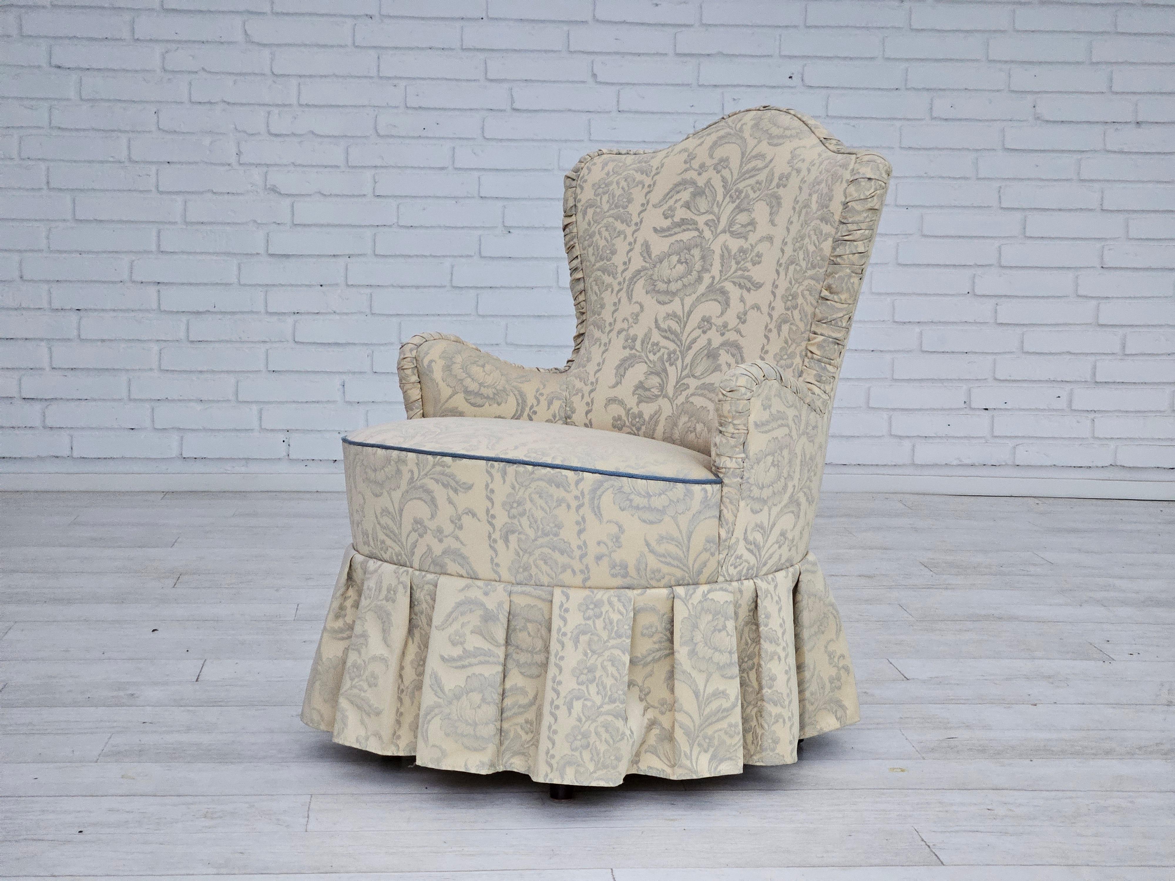 1950s, Danish armchair, reupholstered, creamy/white floral fabric. For Sale 10