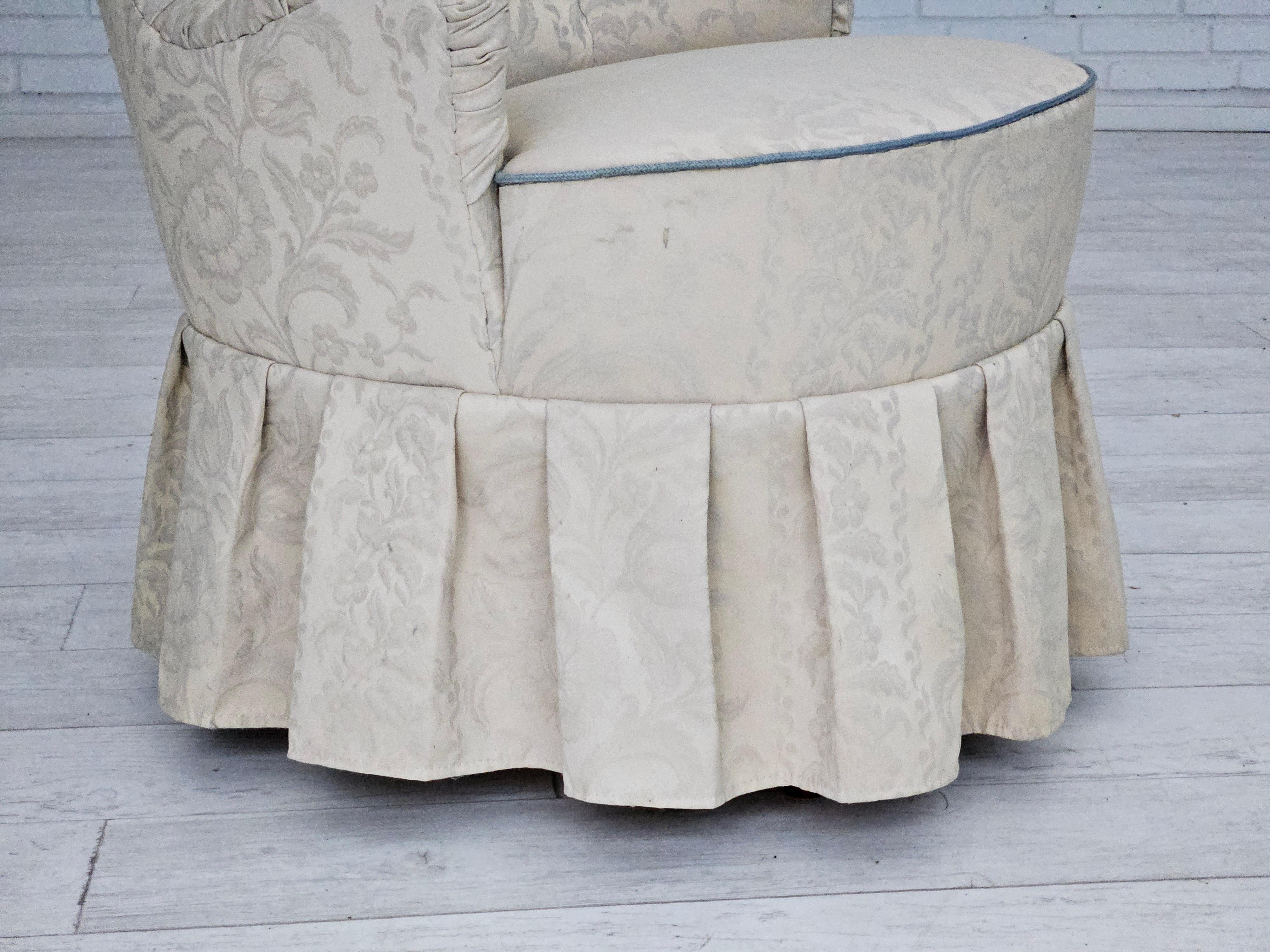 Scandinavian Modern 1950s, Danish armchair, reupholstered, creamy/white floral fabric. For Sale