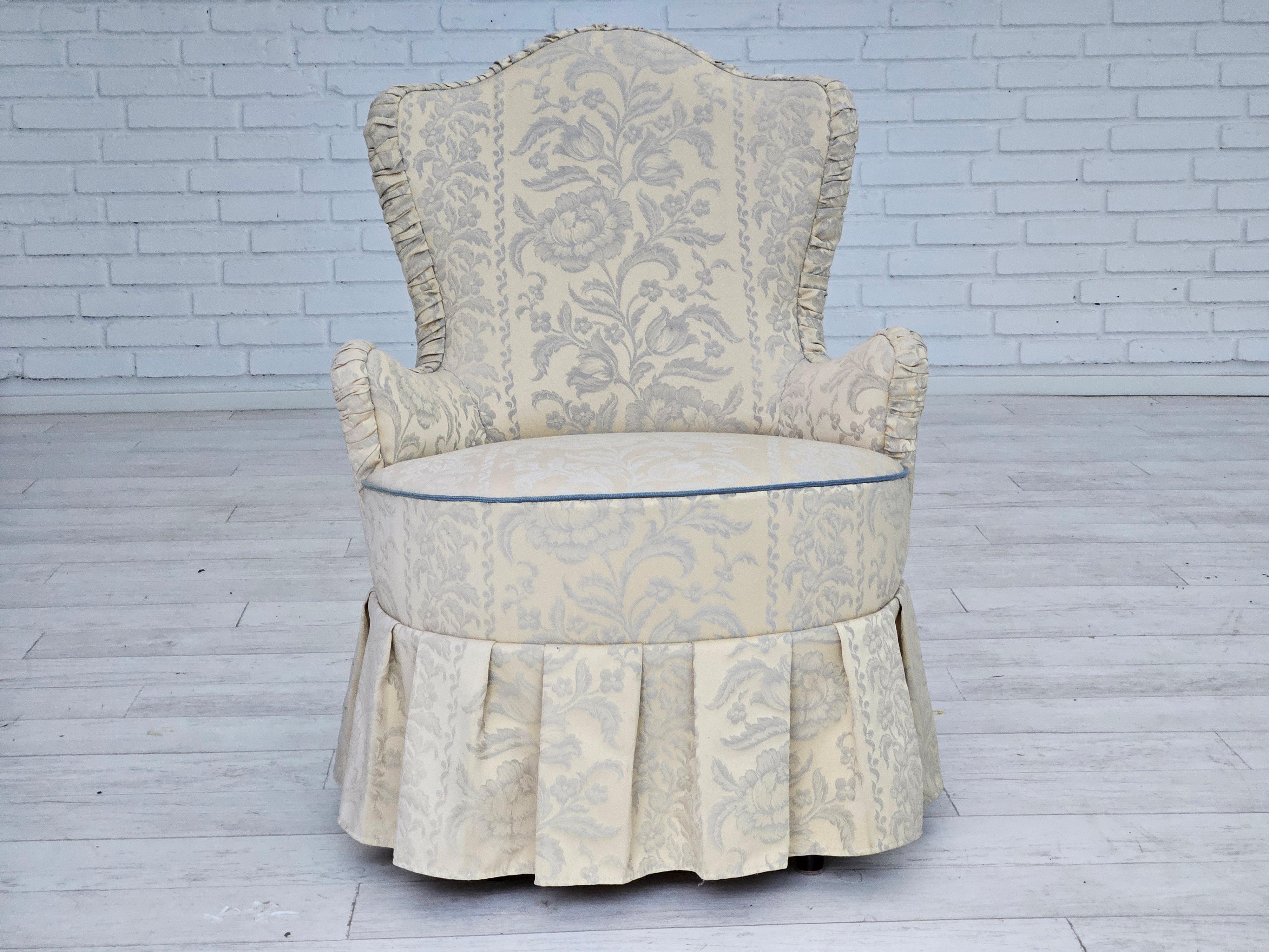 1950s, Danish armchair, reupholstered, creamy/white floral fabric. For Sale 2