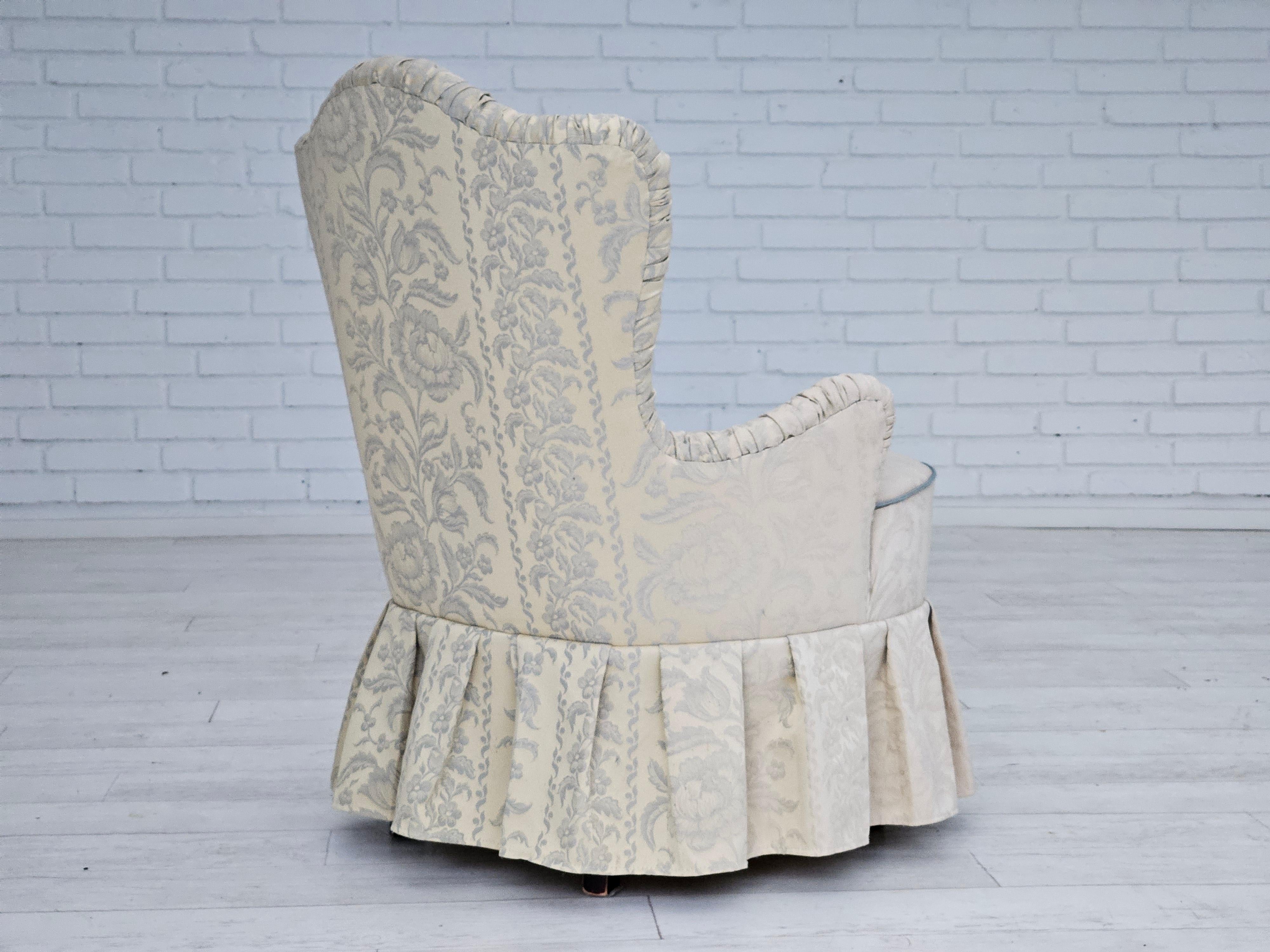 1950s, Danish armchair, reupholstered, creamy/white floral fabric. For Sale 3