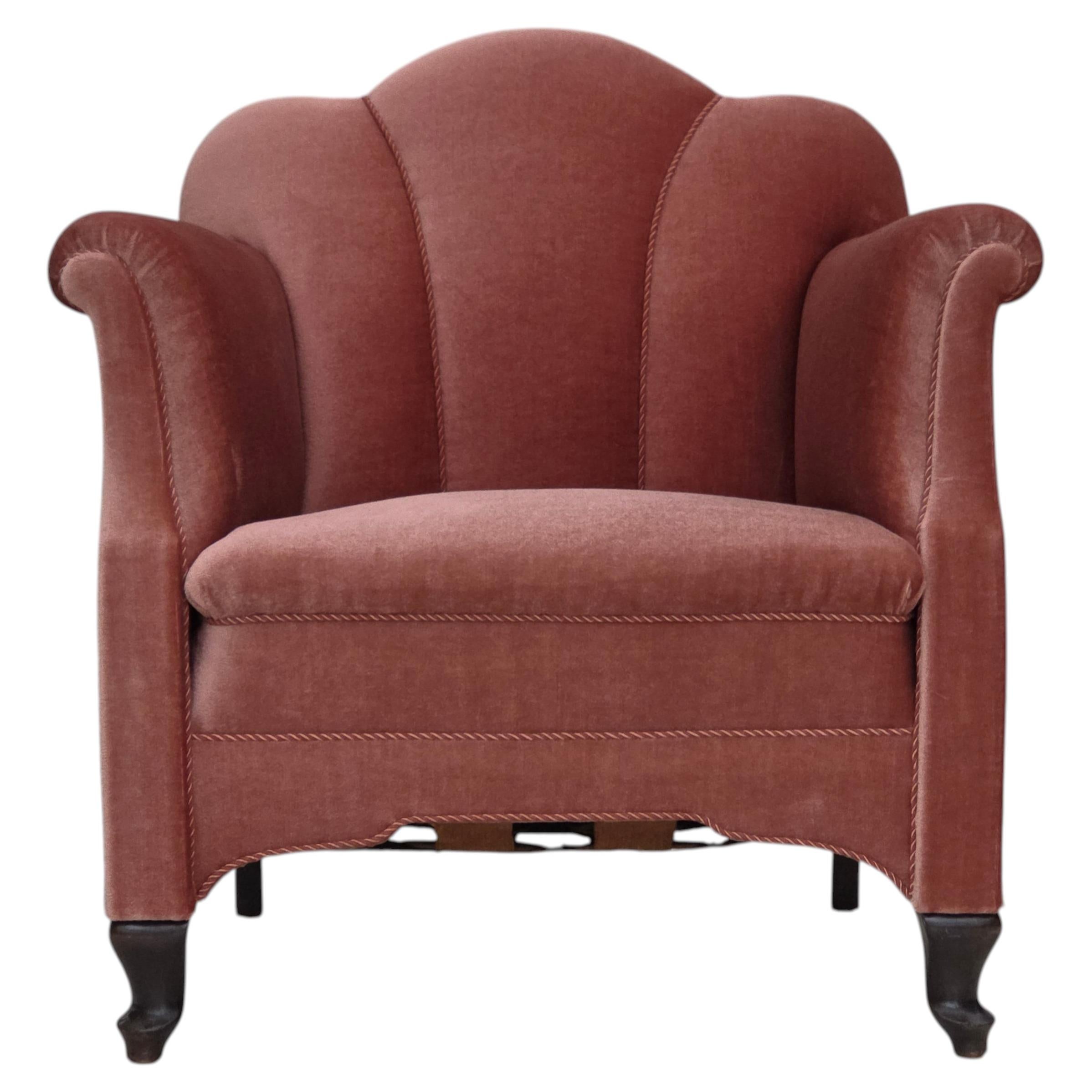 Años 50, sillón danés, muebles de terciopelo rosa salmón, madera de roble.