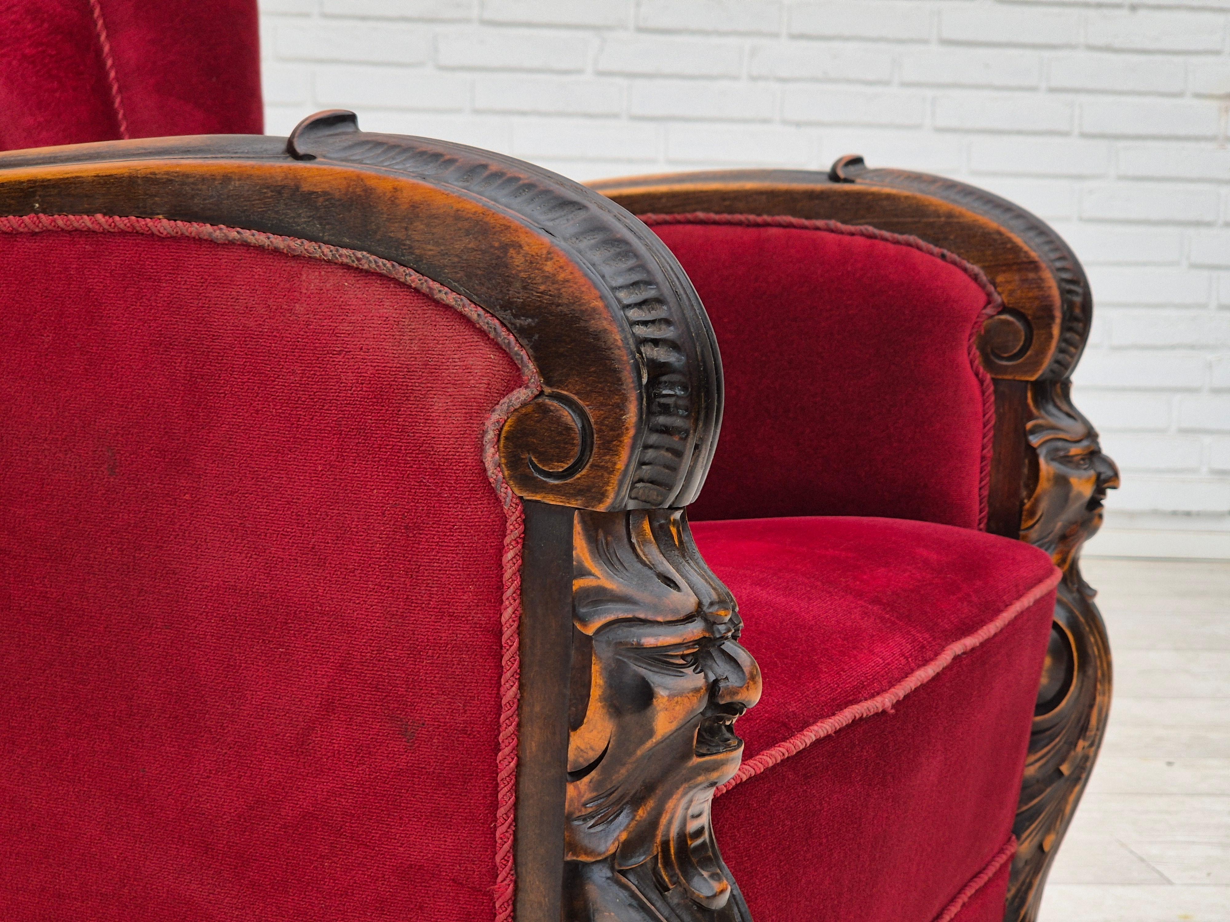 Años 50, sillón danés con reposapiés, muebles de terciopelo, madera de fresno. en venta 6