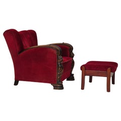 1950s, Danish armchair with footstool, furniture velour, ash wood.