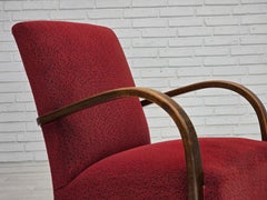 Anni '50, poltrona art déco danese, rivestimento originale in lana rossa, legno di Beeche.