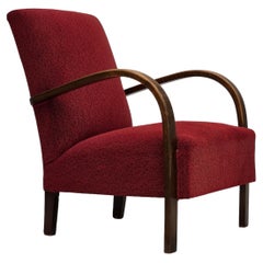 Anni '50, poltrona art déco danese, rivestimento originale in lana rossa, legno di Beeche.