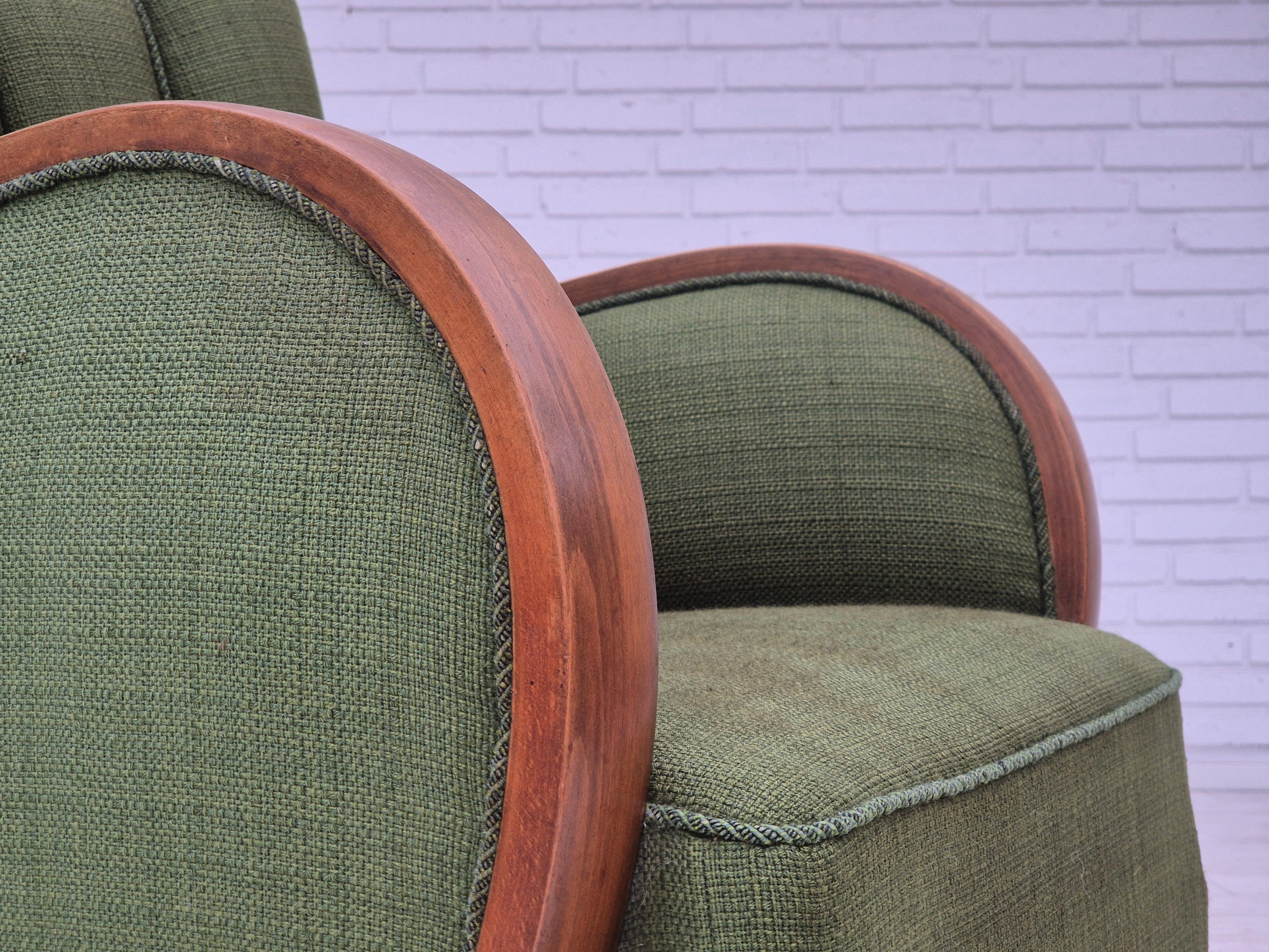 1950s, Danish artdeco armchair, green furniture wool, beech wood, original. For Sale 4