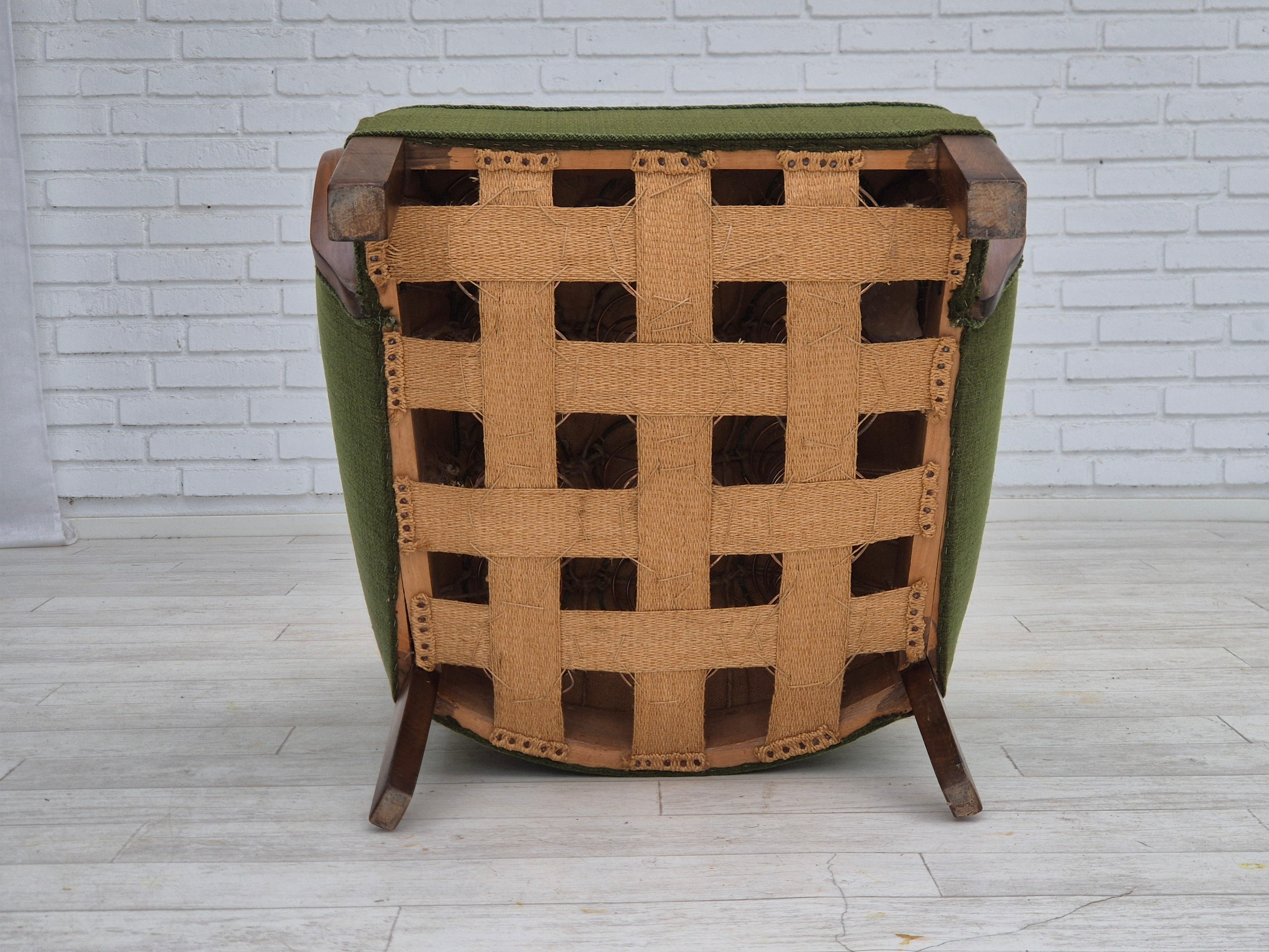 1950s, Danish artdeco armchair, green furniture wool, beech wood, original. For Sale 7