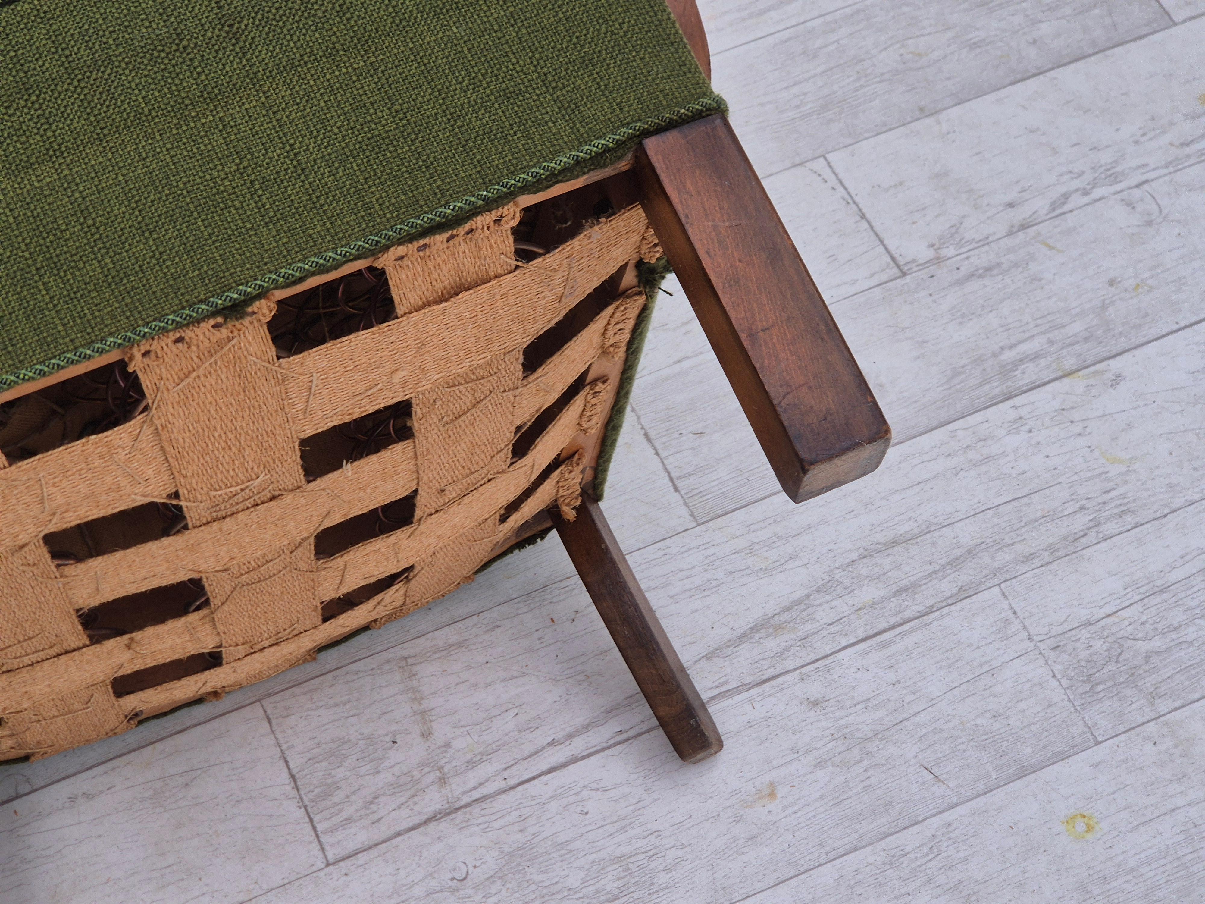 1950s, Danish artdeco armchair, green furniture wool, beech wood, original. For Sale 8
