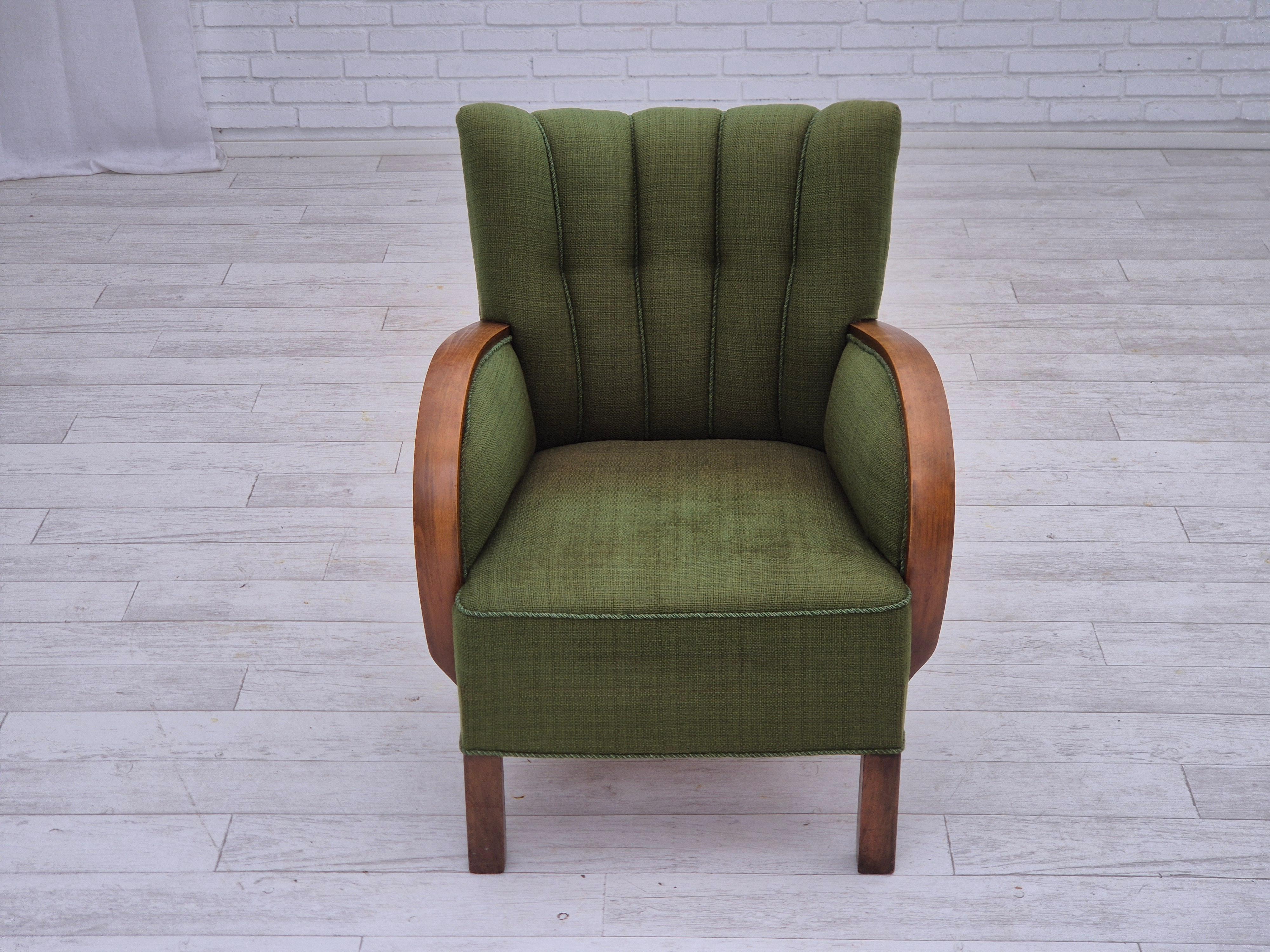 Art Deco 1950s, Danish artdeco armchair, green furniture wool, beech wood, original. For Sale