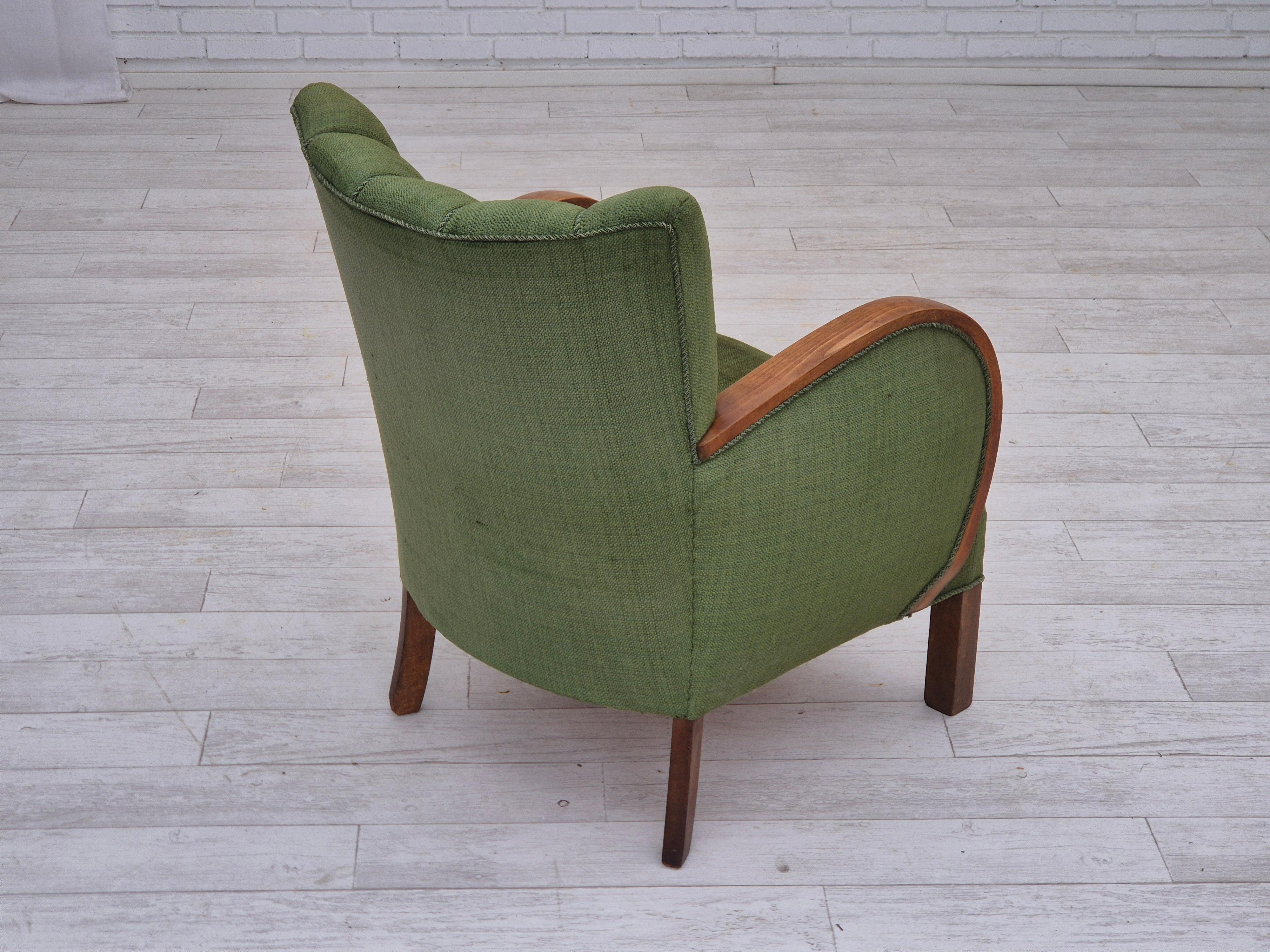 Mid-20th Century 1950s, Danish artdeco armchair, green furniture wool, beech wood, original. For Sale