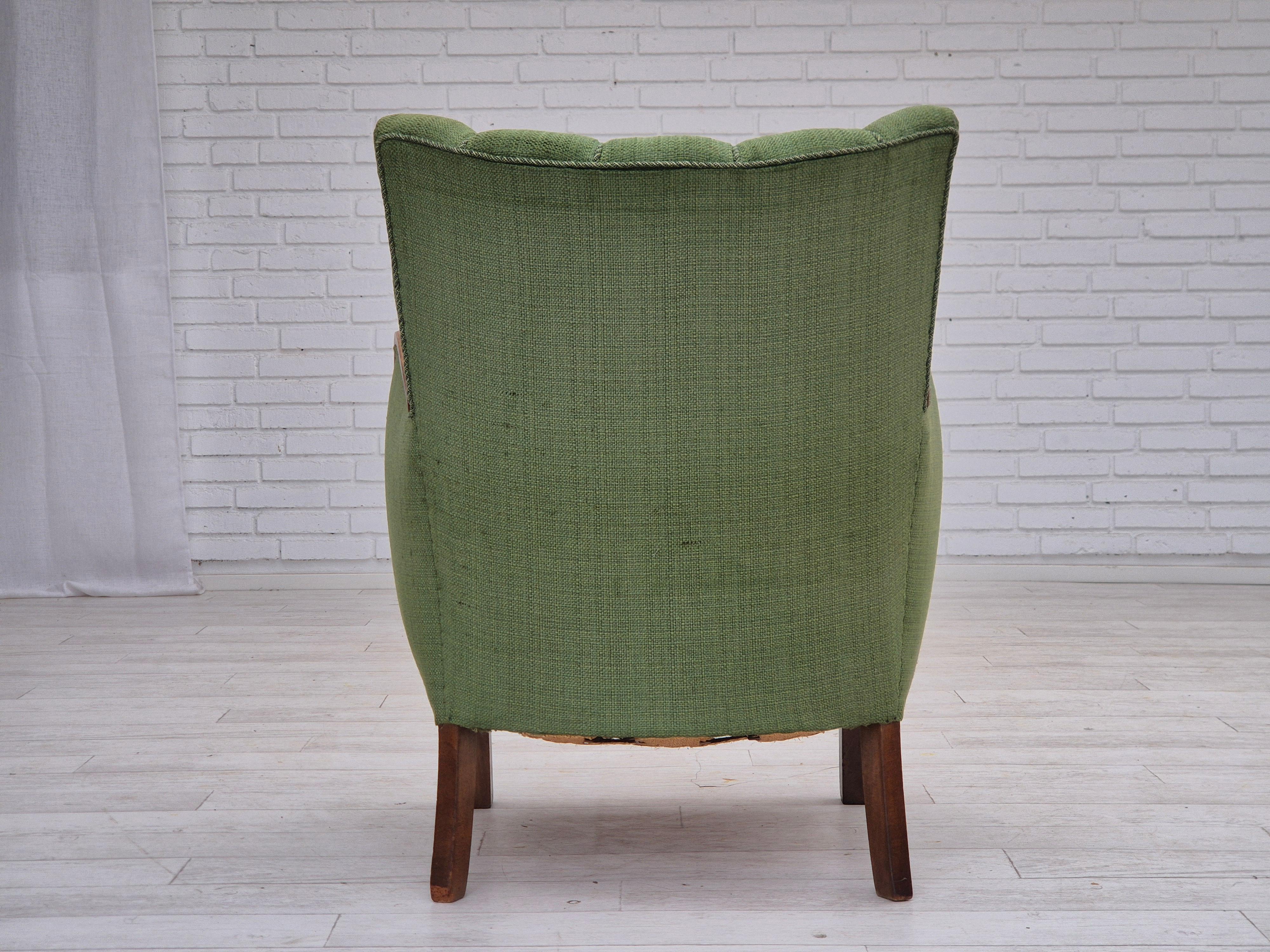 Wool 1950s, Danish artdeco armchair, green furniture wool, beech wood, original. For Sale