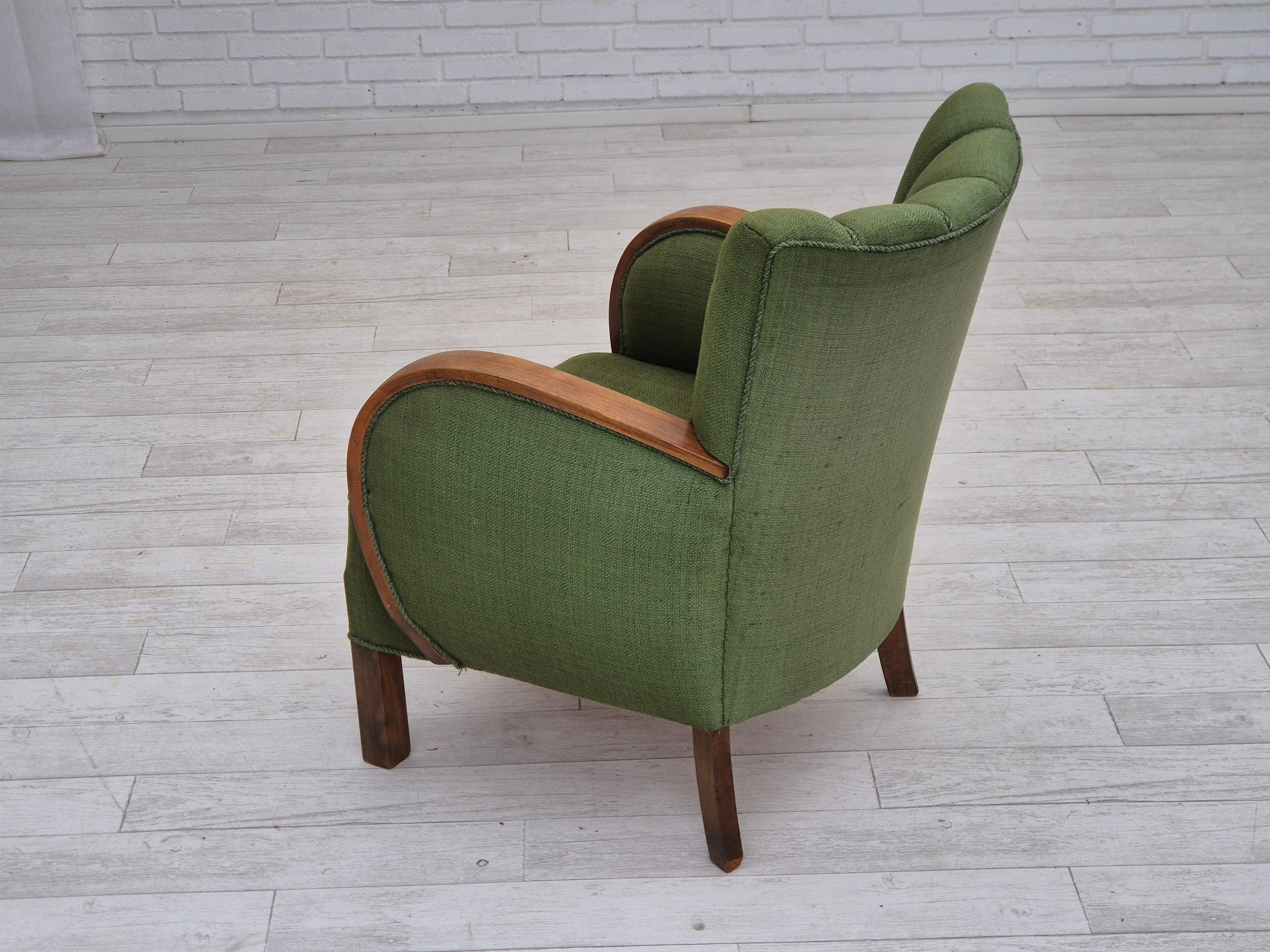 1950s, Danish artdeco armchair, green furniture wool, beech wood, original. For Sale 1