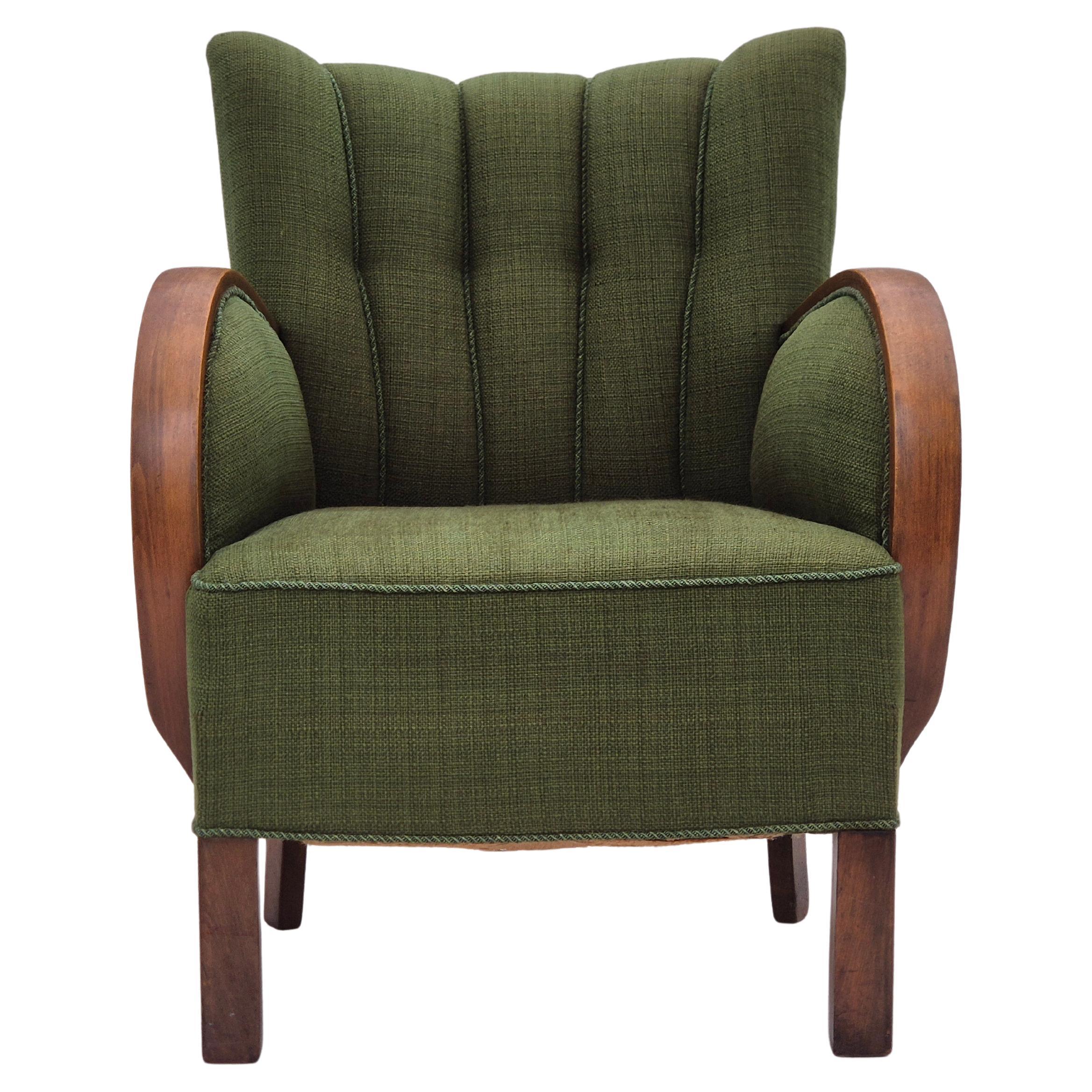 1950s, Danish artdeco armchair, green furniture wool, beech wood, original. For Sale