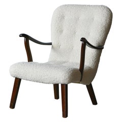 1950s Danish Clam Style Lounge Chair Newly Upholstered in White Boucle