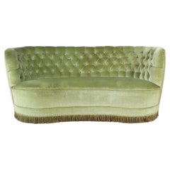 1950s Danish Curved Green Velvet Sofa