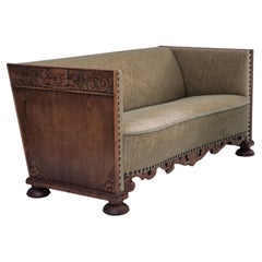 1950s, Danish curved sofa, furniture velour, oak wood.