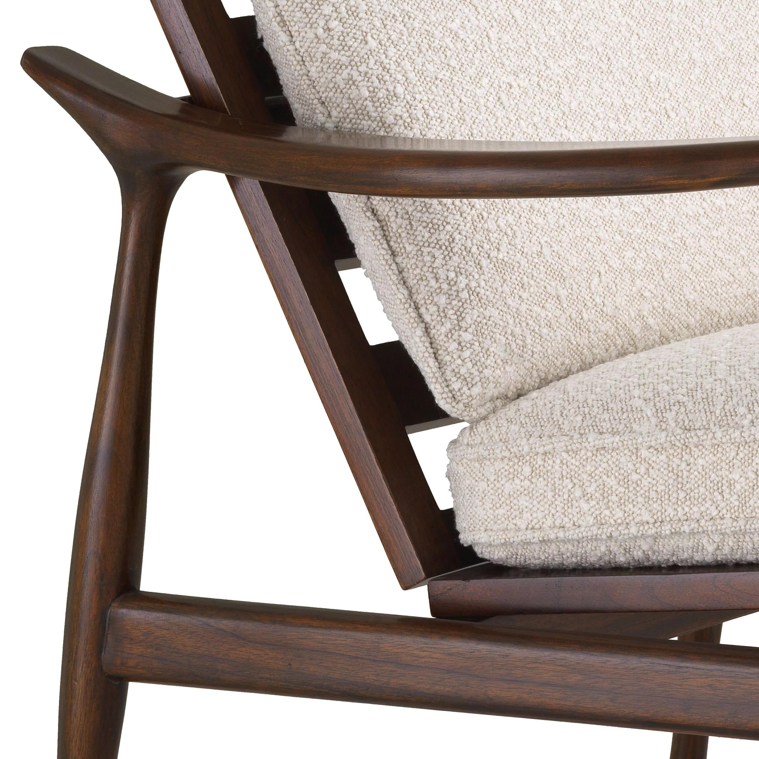 1950s Danish design and Scandinavian style wooden and beige Bouclé Fabric armchair.