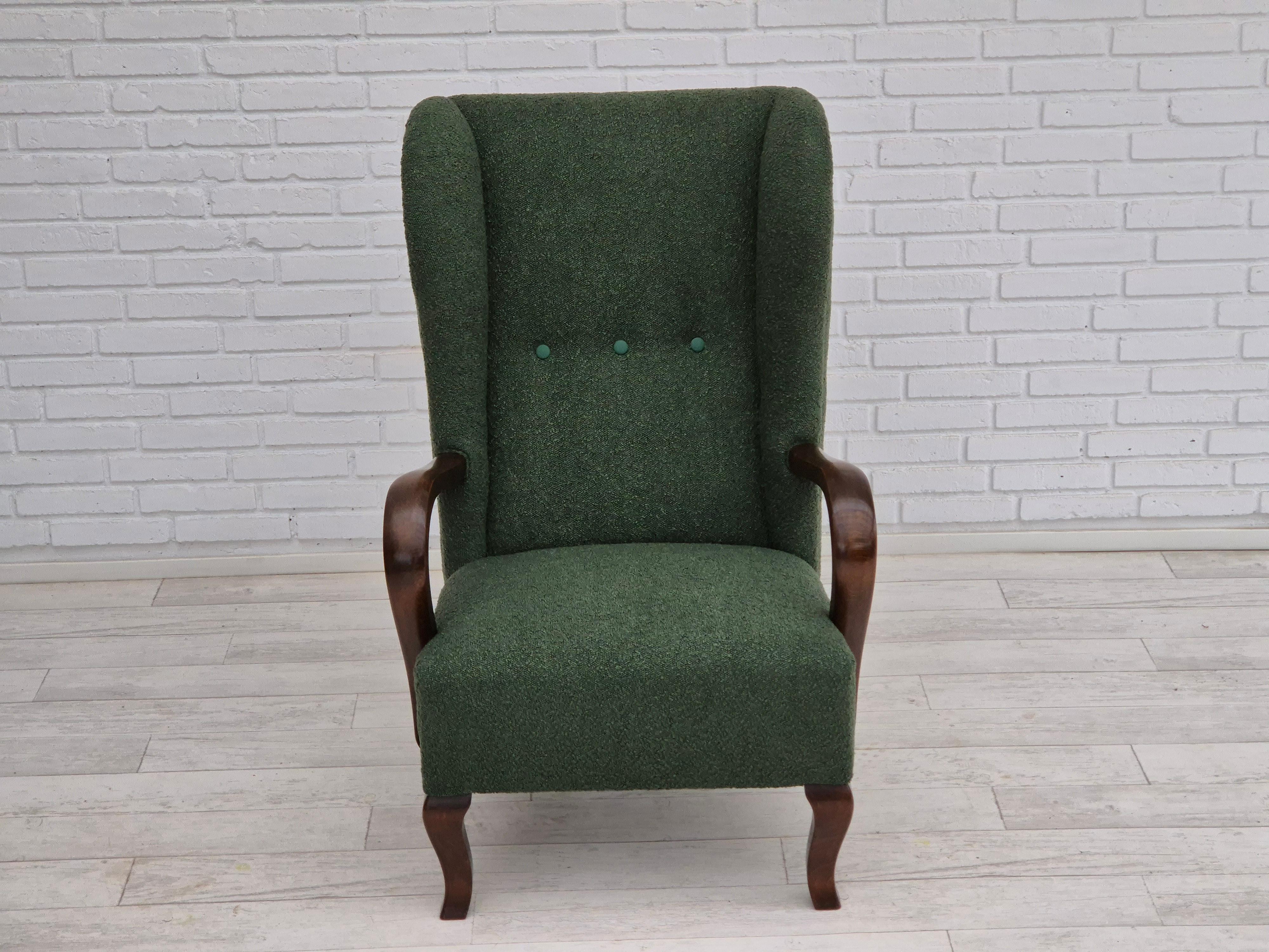 1950s, Danish design, restored high-back wingback chair, bottle green, beech  In Good Condition For Sale In Tarm, 82