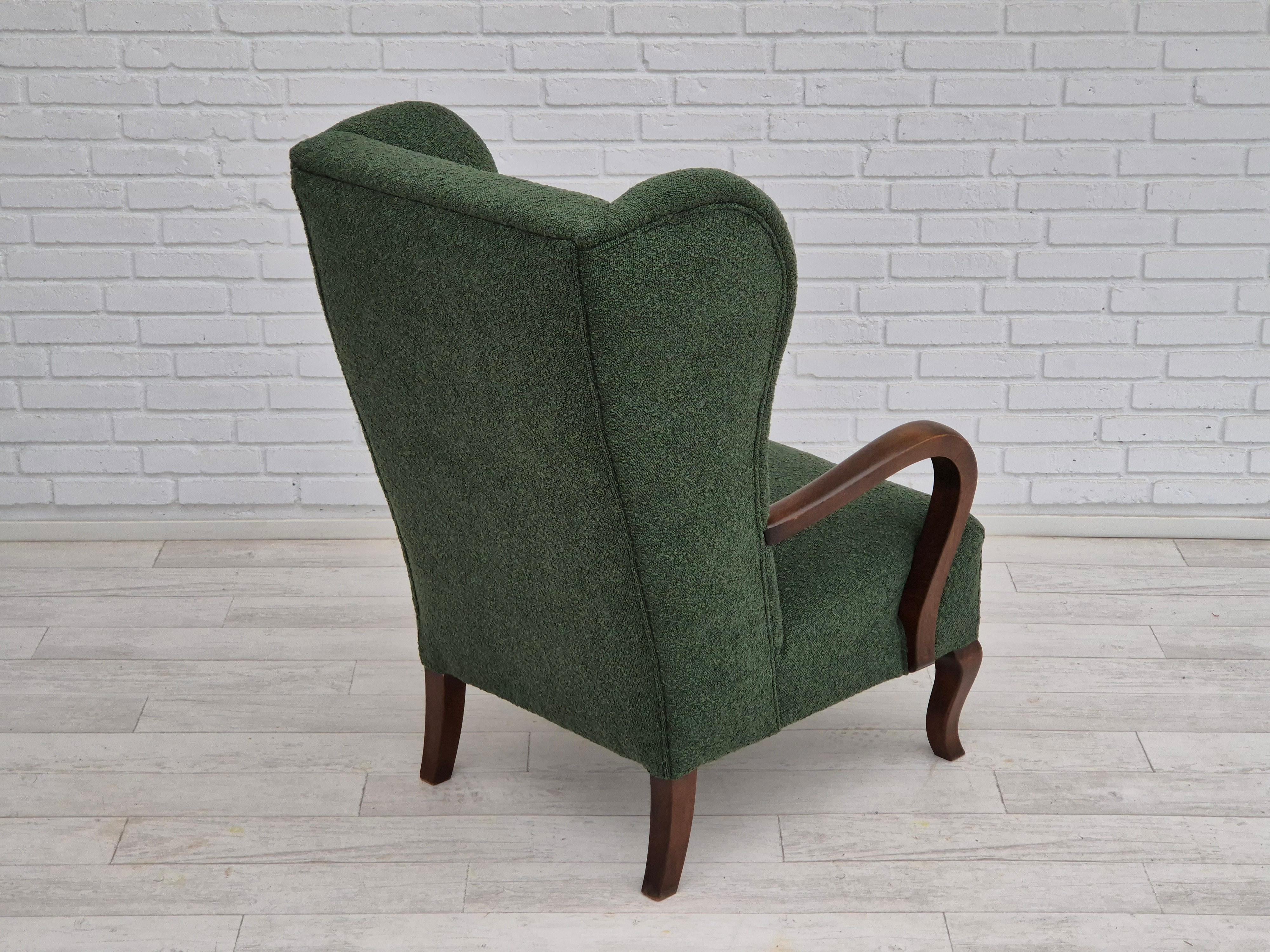 Fabric 1950s, Danish design, restored high-back wingback chair, bottle green, beech  For Sale
