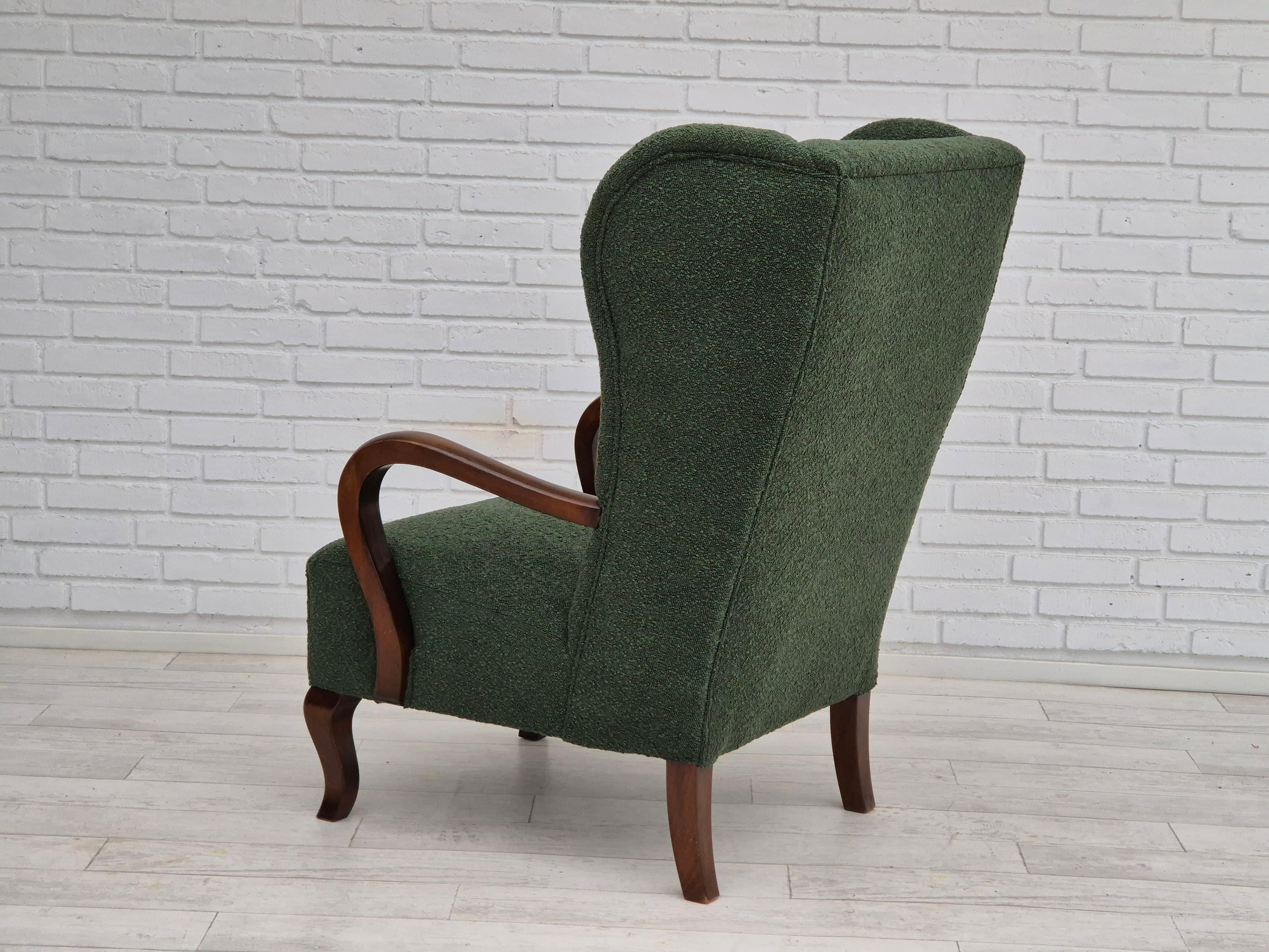 1950s, Danish design, restored high-back wingback chair, bottle green, beech  For Sale 2