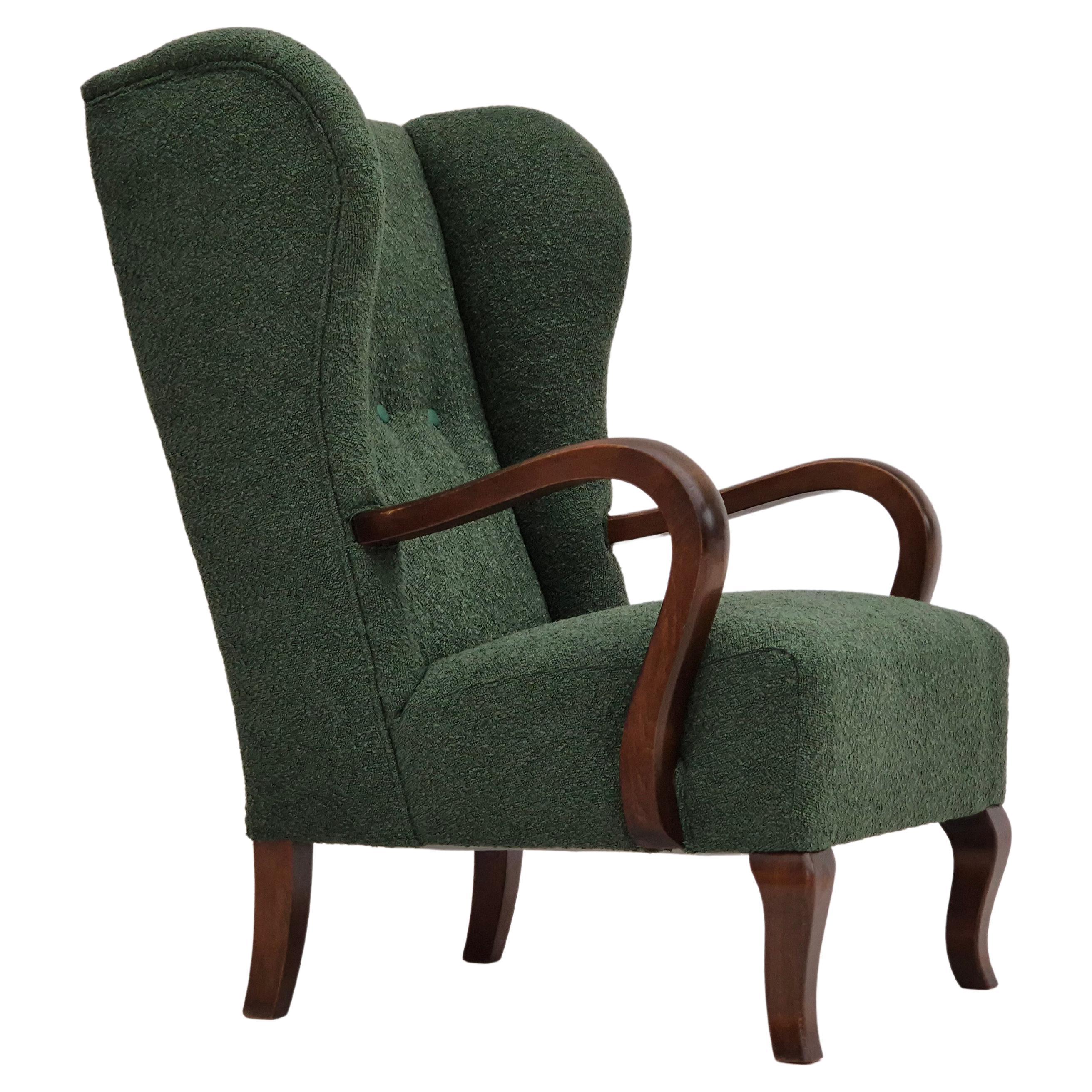 1950s, Danish design, restored high-back wingback chair, bottle green, beech 