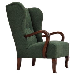 Retro 1950s, Danish design, restored high-back wingback chair, bottle green, beech 