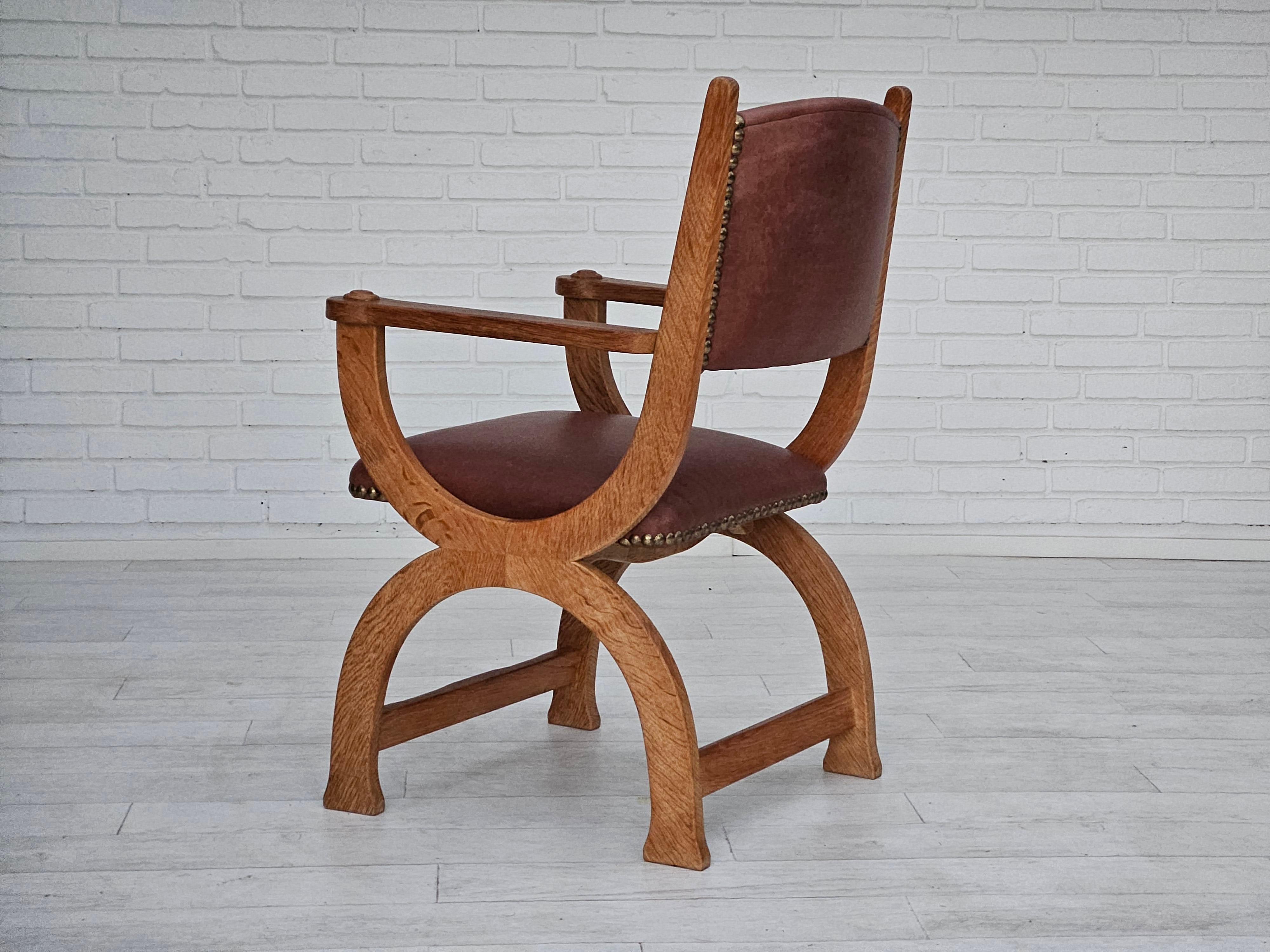 1950s, Danish design, reupholstered armchair, natural brown leather, oak wood. For Sale 6