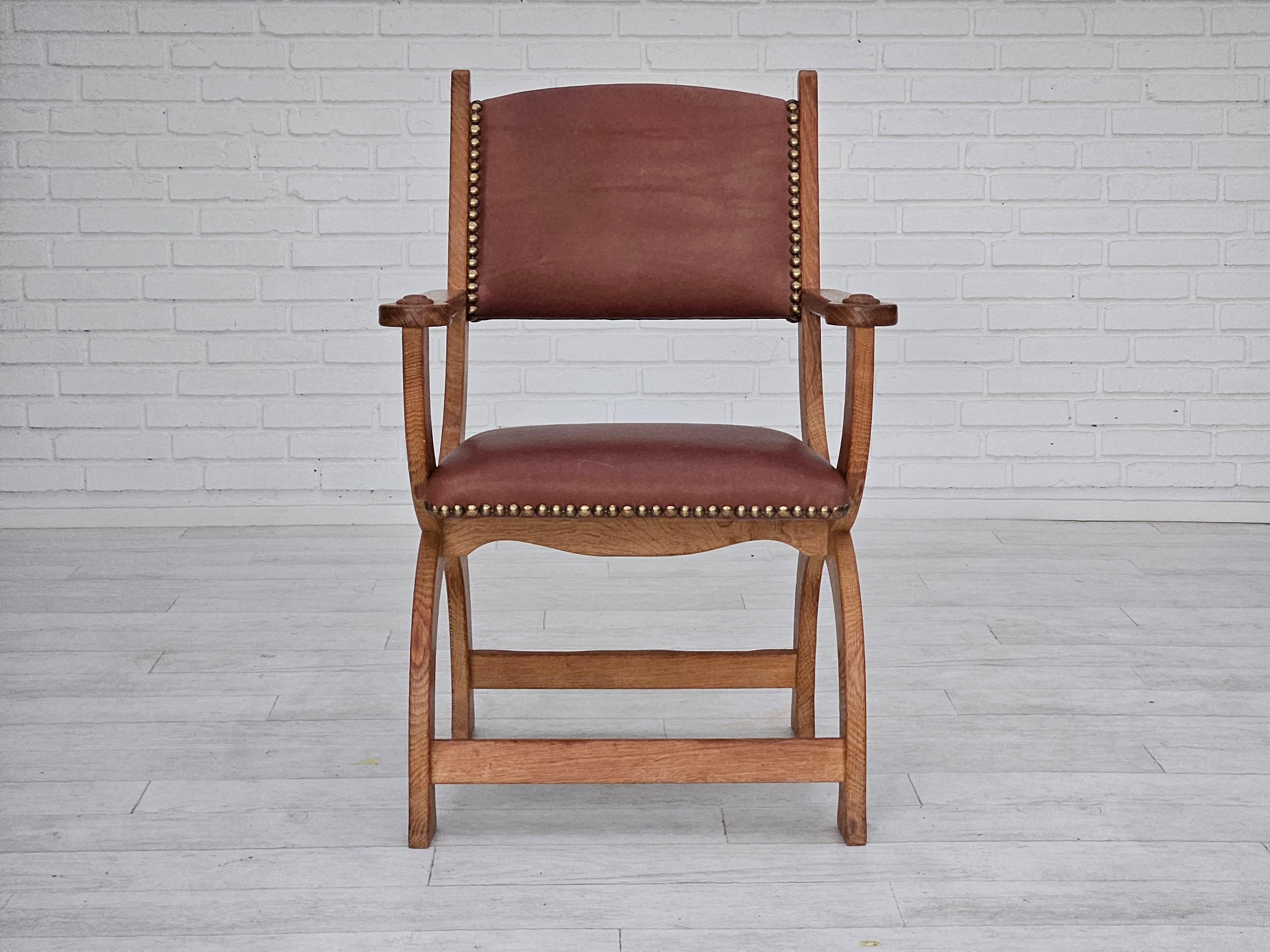 1950s, Danish design, reupholstered armchair, natural brown leather, oak wood. For Sale 1