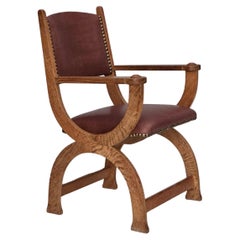 Vintage 1950s, Danish design, reupholstered armchair, natural brown leather, oak wood.