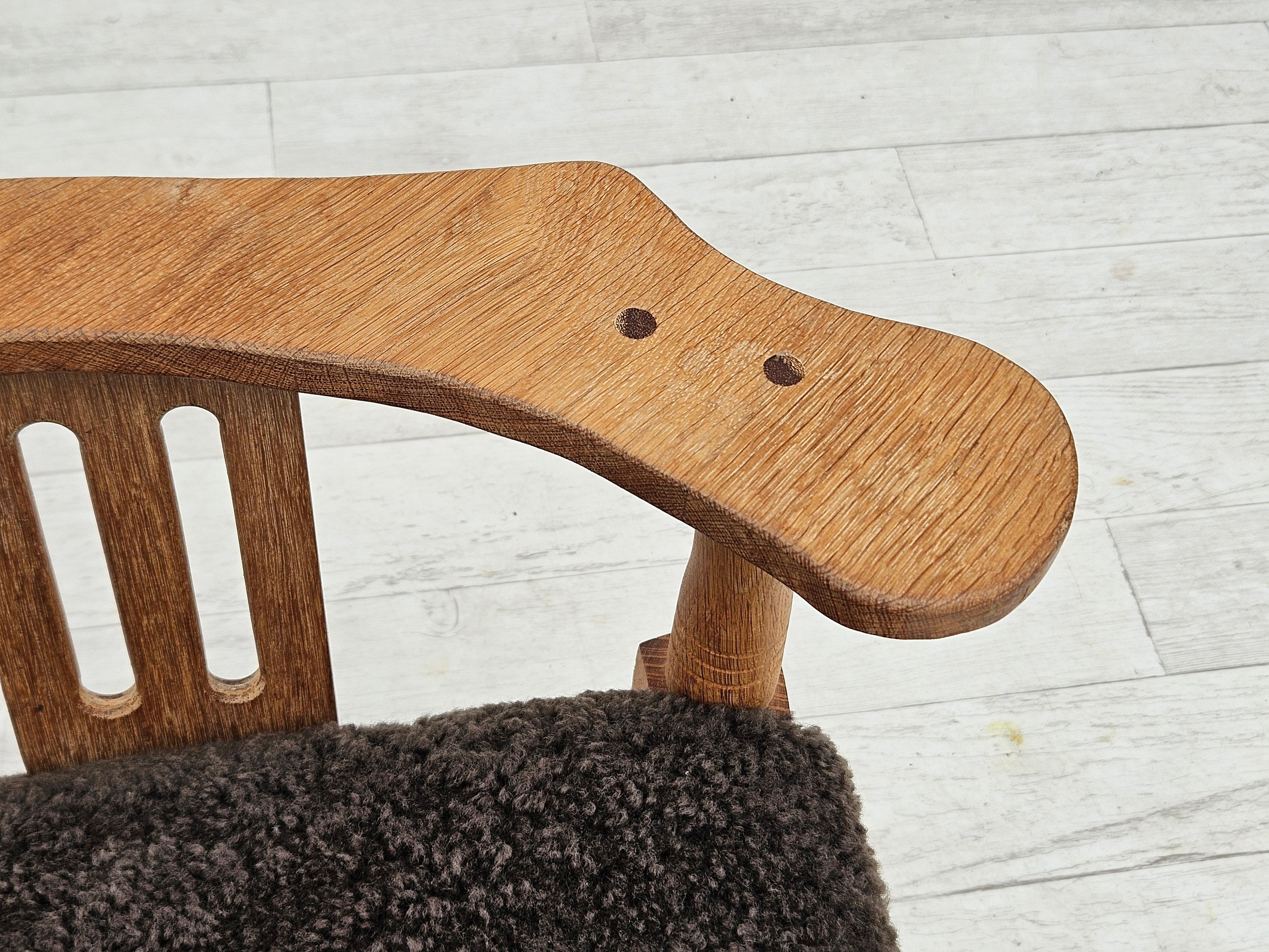 1950s, Danish design, reupholstered armchair, New Zealand sheepskin, oak wood. For Sale 5