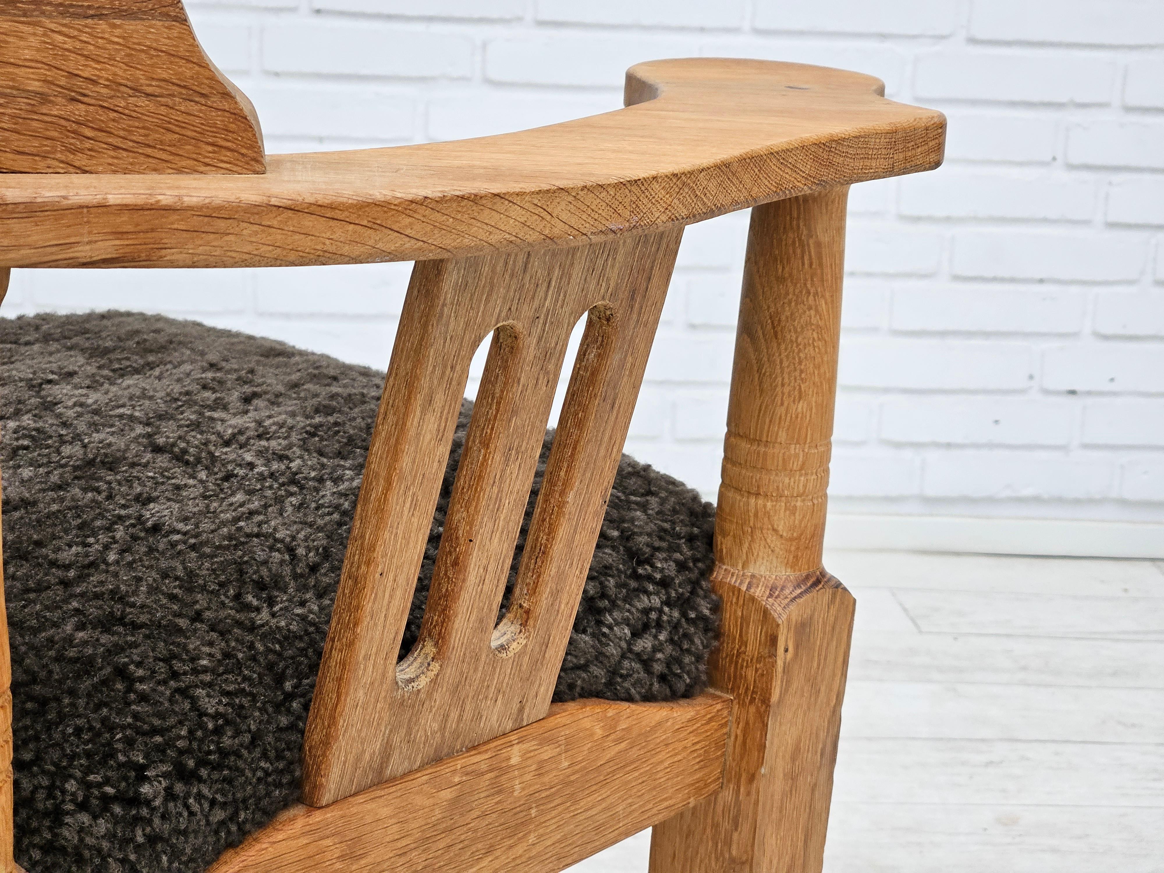 1950s, Danish design, reupholstered armchair, New Zealand sheepskin, oak wood. For Sale 6