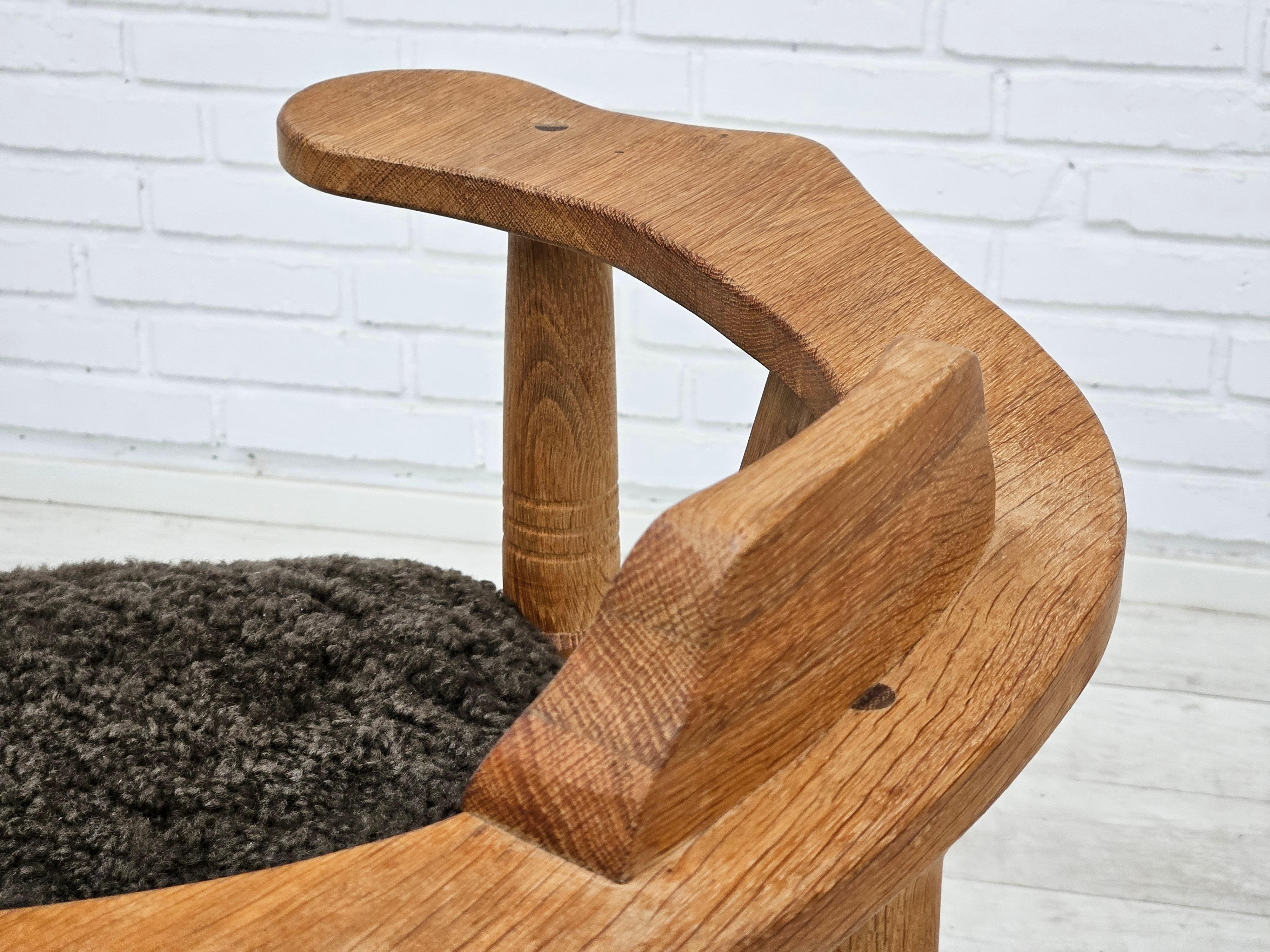 1950s, Danish design, reupholstered armchair, New Zealand sheepskin, oak wood. For Sale 9