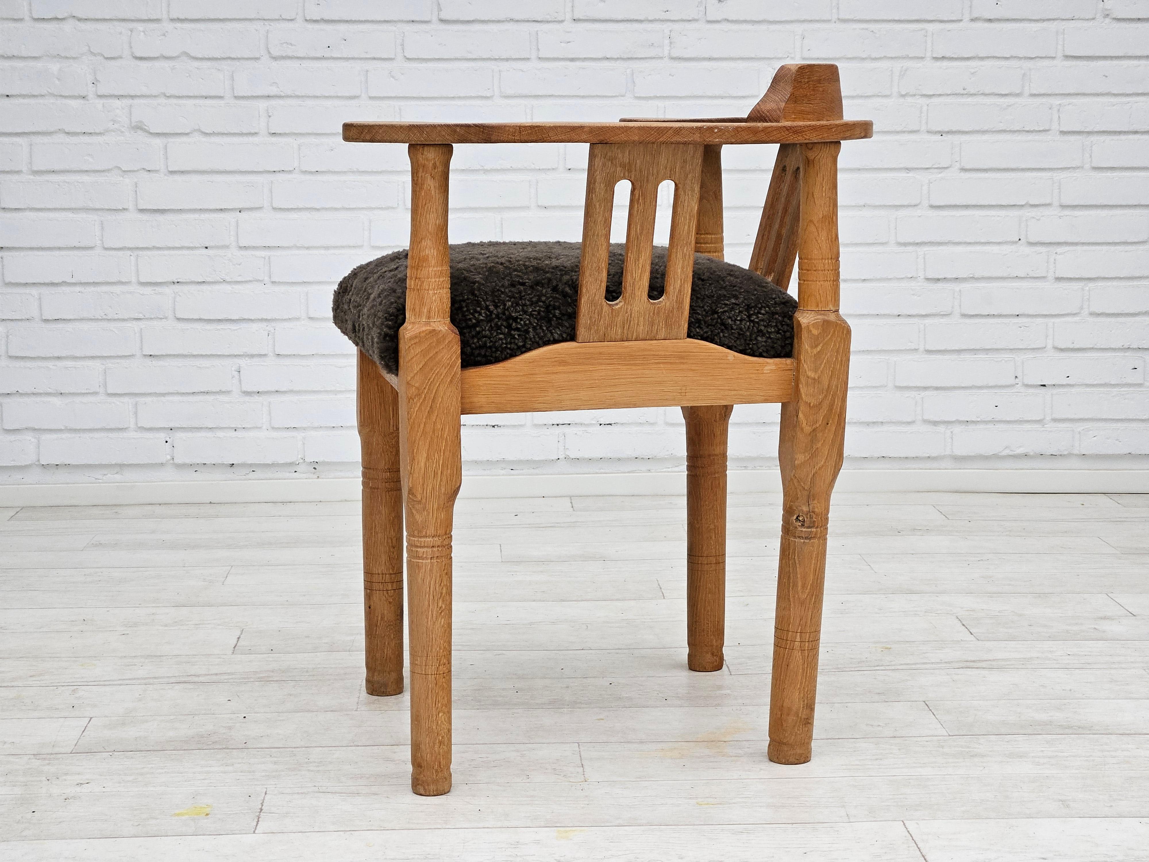 1950s, Danish design, reupholstered armchair, New Zealand sheepskin, oak wood. For Sale 10