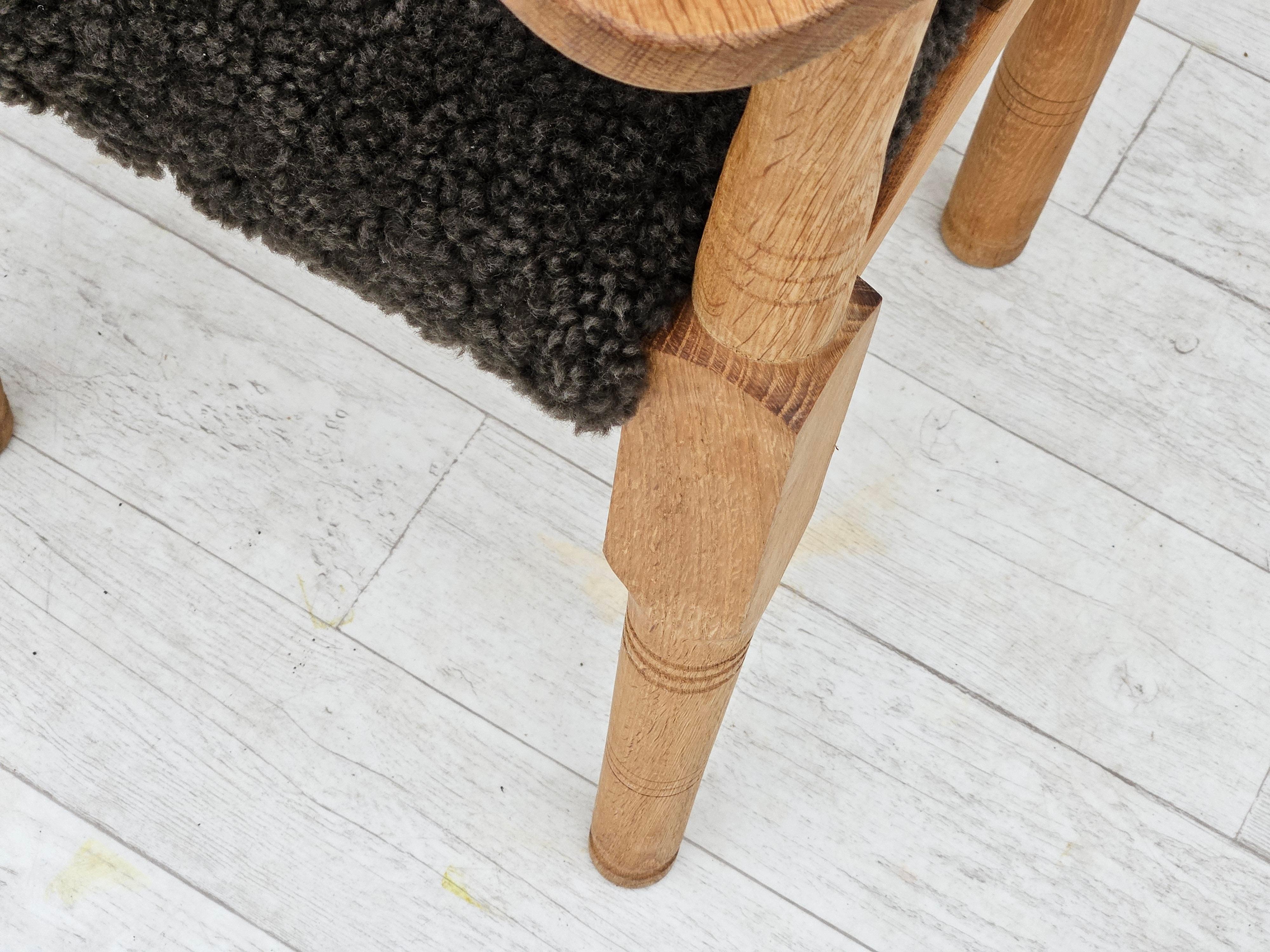 1950s, Danish design, reupholstered armchair, New Zealand sheepskin, oak wood. For Sale 11