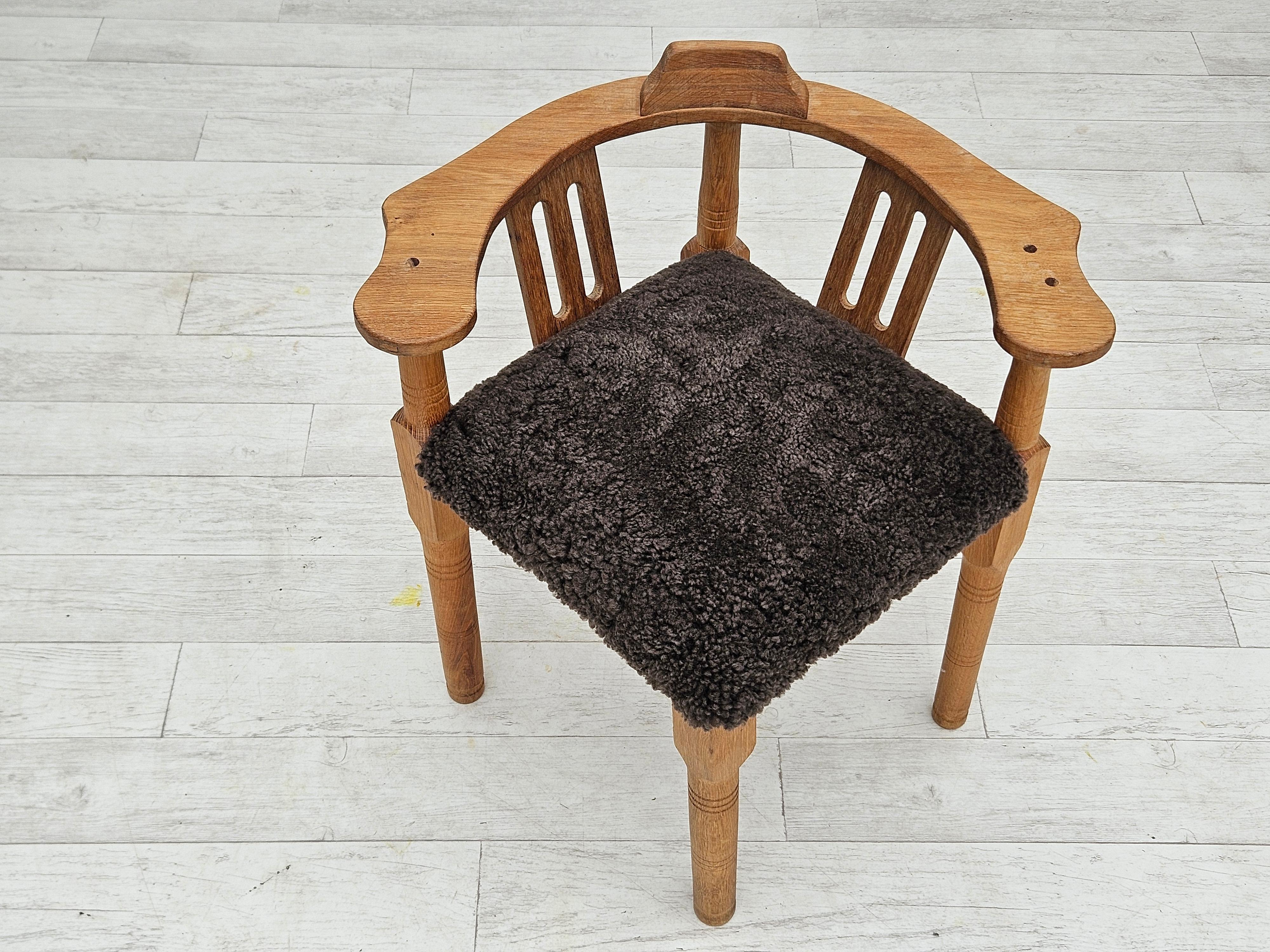 1950s, Danish design, reupholstered armchair, New Zealand sheepskin, oak wood. For Sale 2