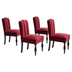 Vintage 1950s, Danish Design, Set of 4 Dinning Chairs, Oak Wood, Cherry-Red Velour