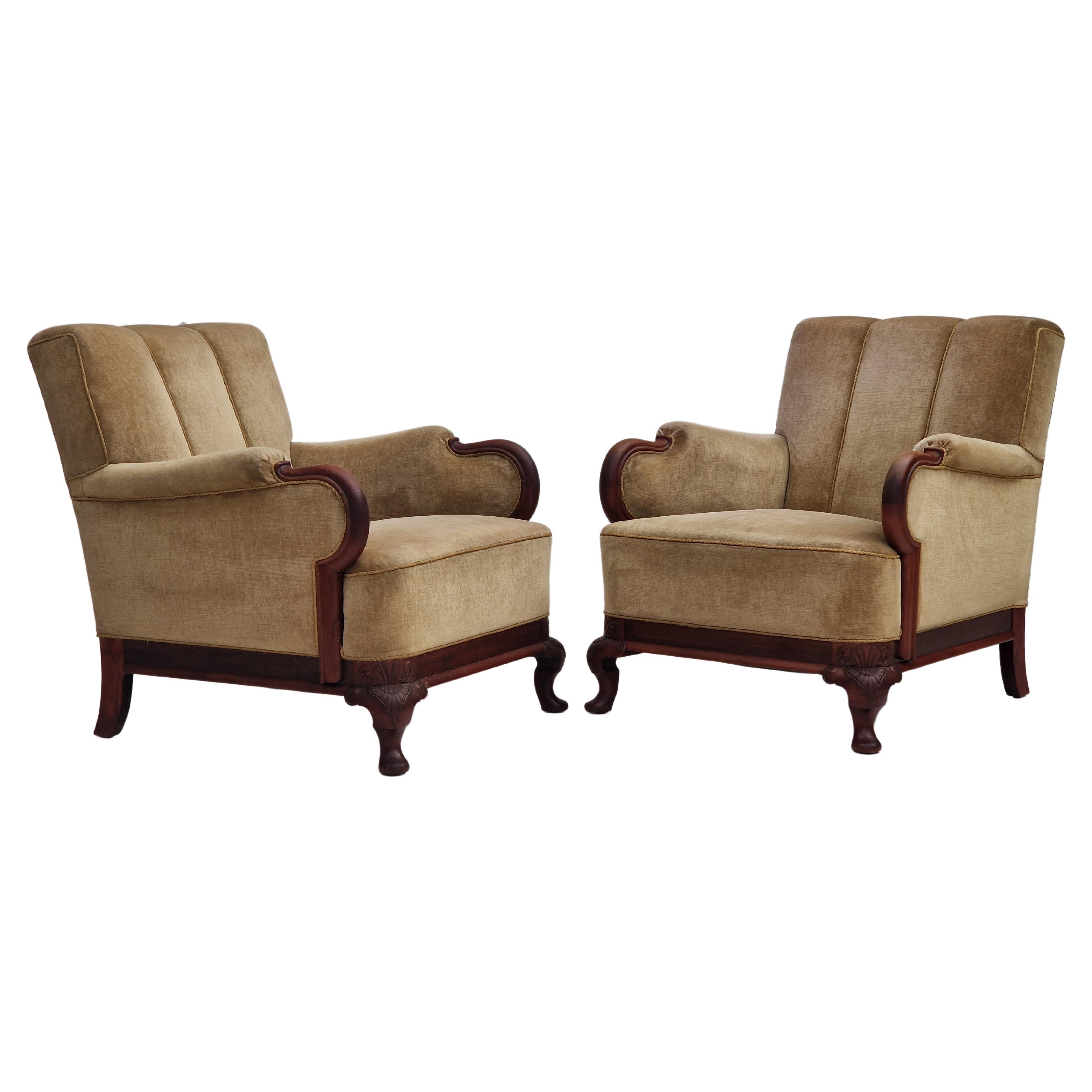 1950s, Danish Design, Set of Armchairs, Teak Wood, Velour, Original Condition For Sale