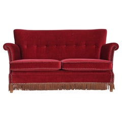 1950s, Danish Design, Sofa, Red-Cherry Velour, Original Very Good Condition