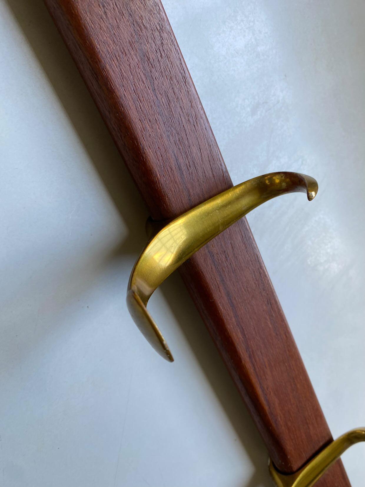Mid-20th Century 1950s Danish design solid teak and brass hall coat rack For Sale