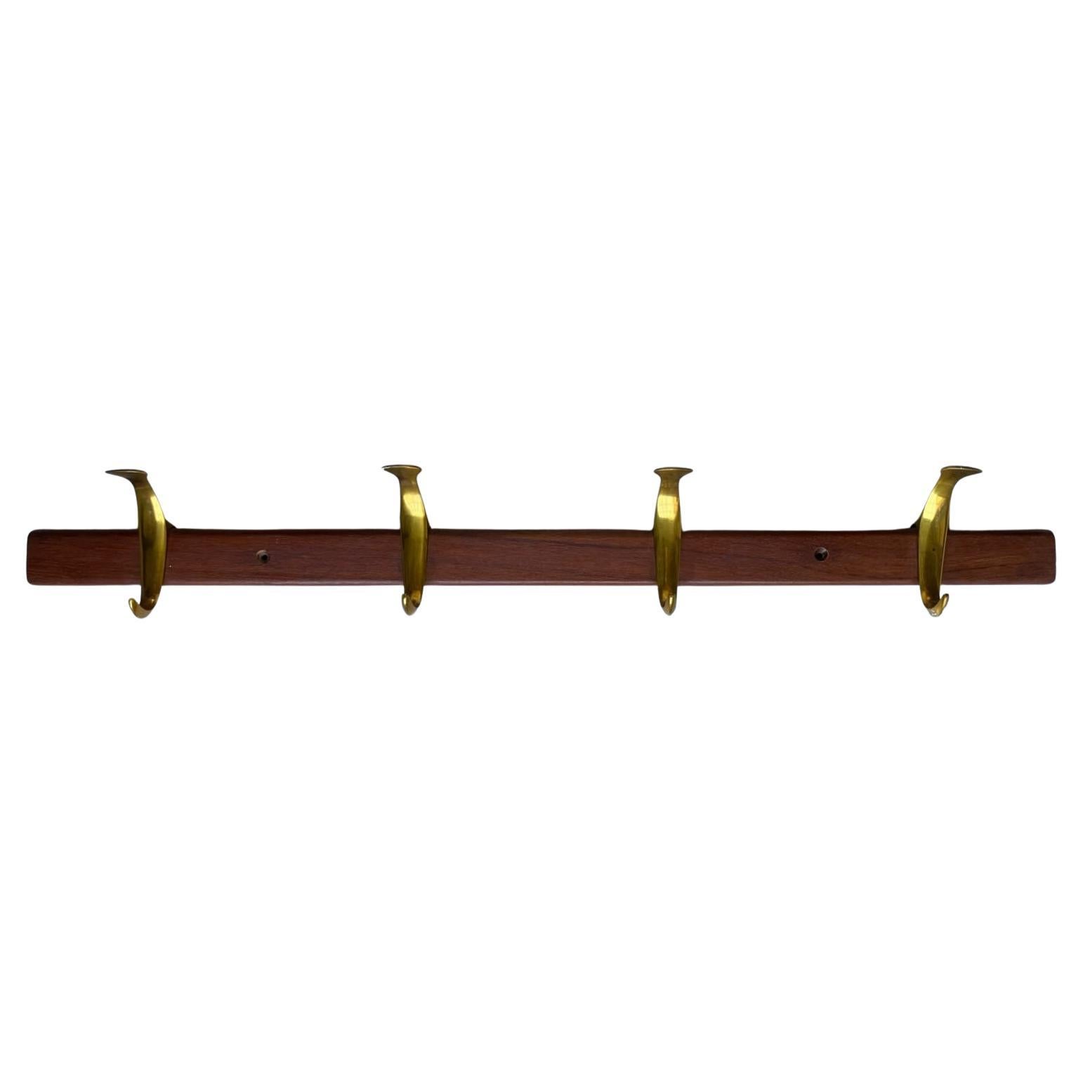 1950s Danish design solid teak and brass hall coat rack For Sale