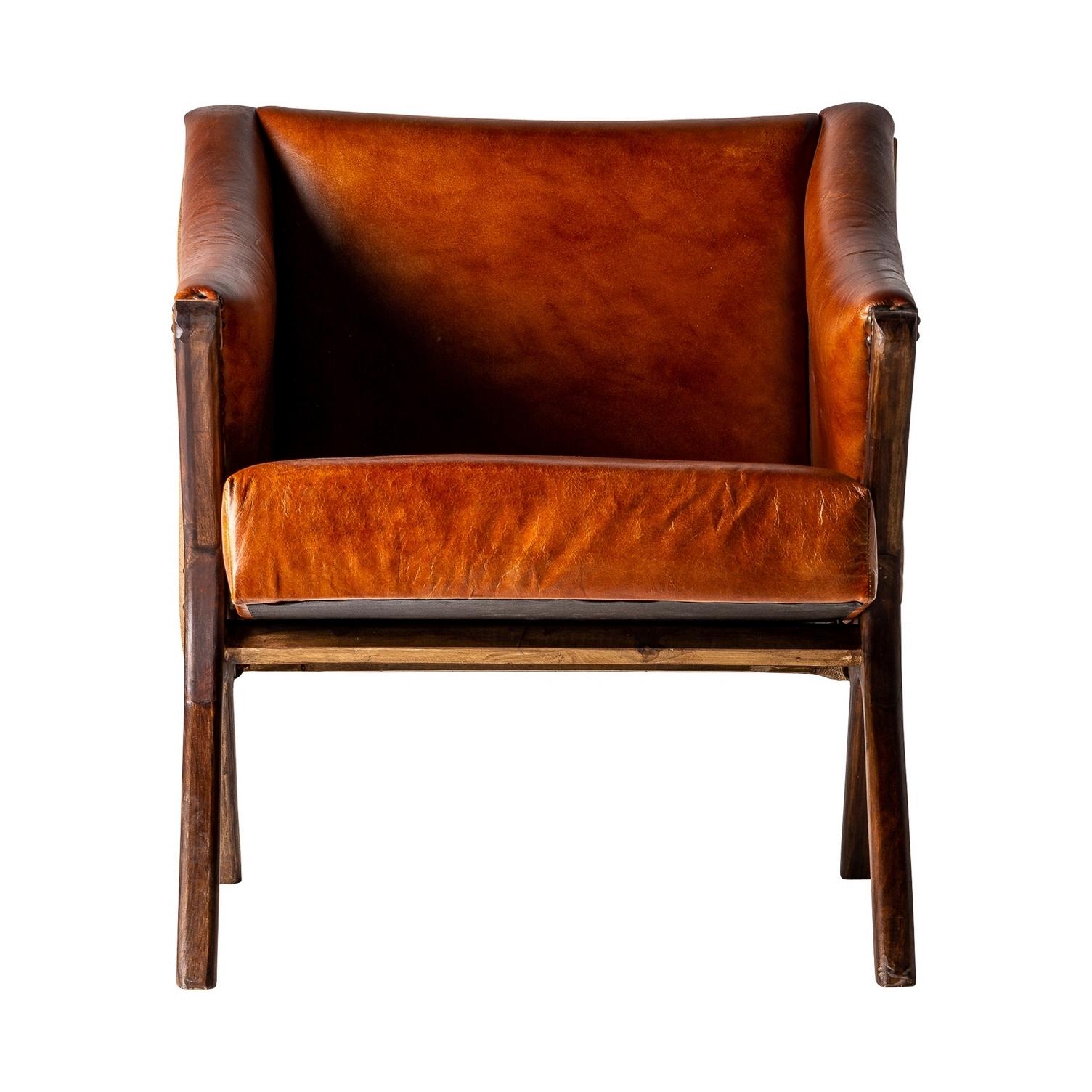 1950s Danish Design Style Cognac Leather and Wooden Armchair 1