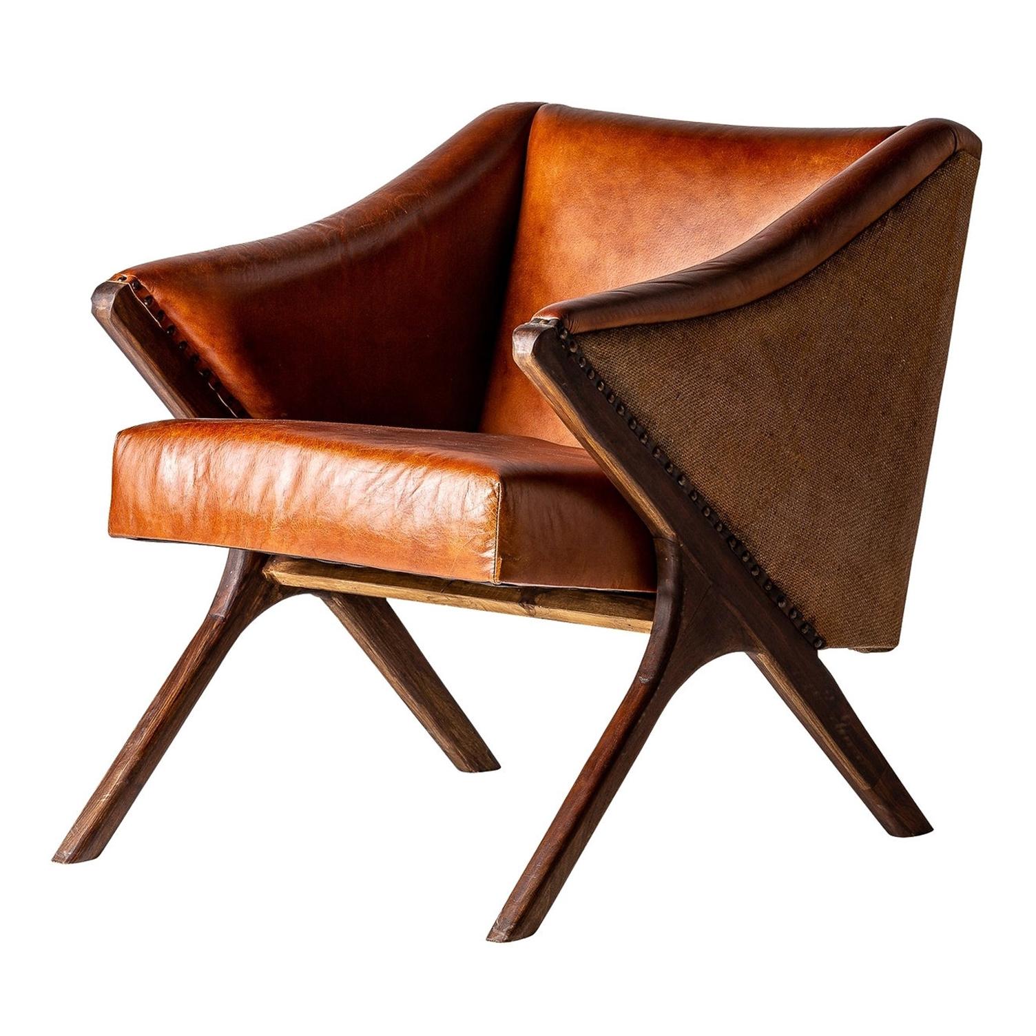 1950s Danish Design Style Cognac Leather and Wooden Armchair