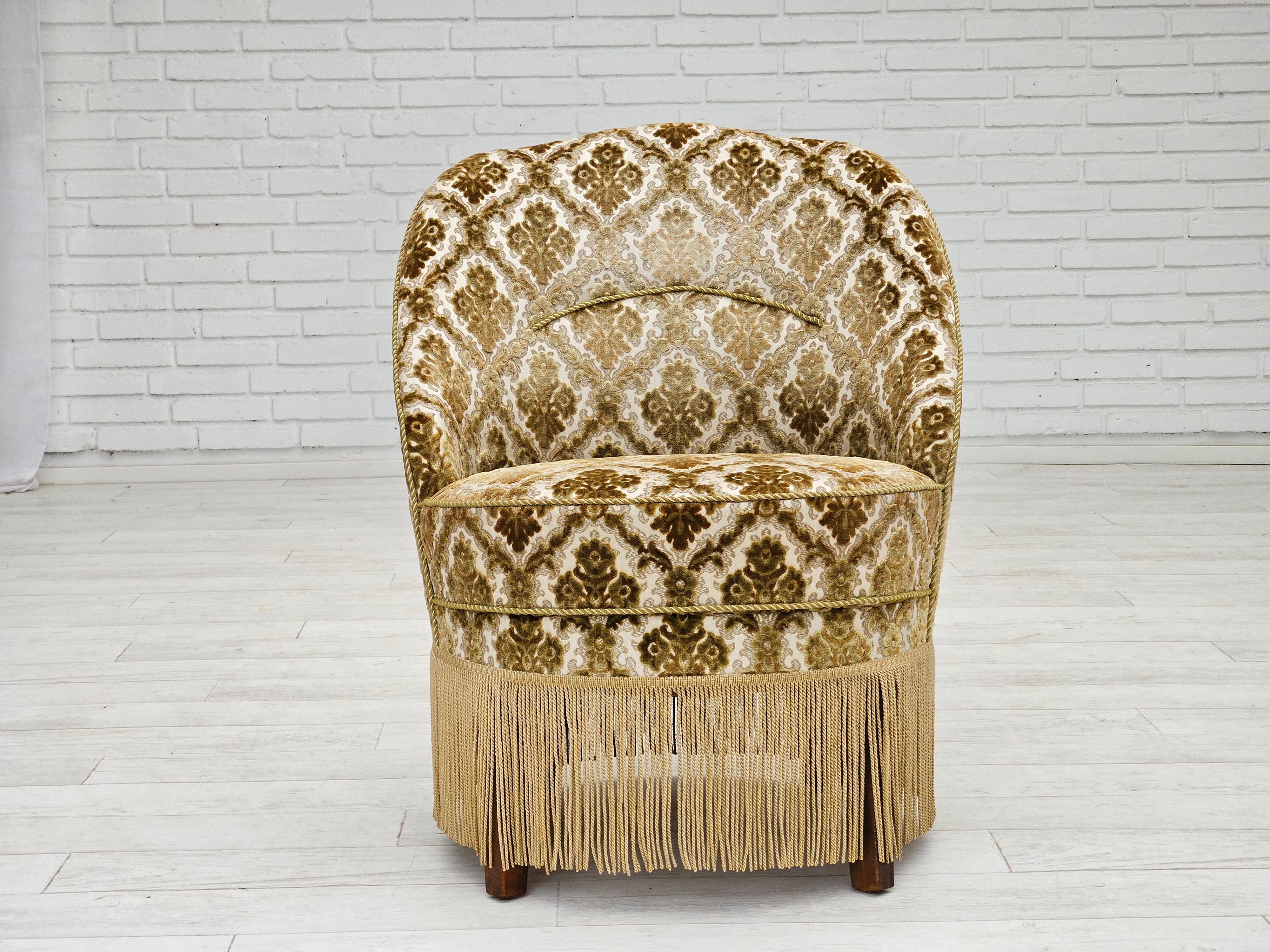 1950s, Danish easy chair. Furniture velour, ash wood legs, springs in the seat. Chair was reupholstered about 10 years ago by craftsman. Very good condition: no smells, no stains, and stable construction. Manufactured by Danish furniture maker in